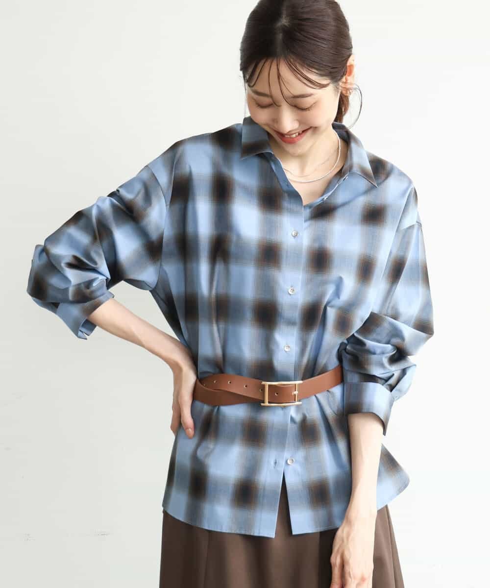 MK MICHEL KLEIN [洗える]オンブレチェック柄シャツブラウス エムケーミッシェルクラン トップス シャツ・ブラウス ネイビー ブラウン ブルー