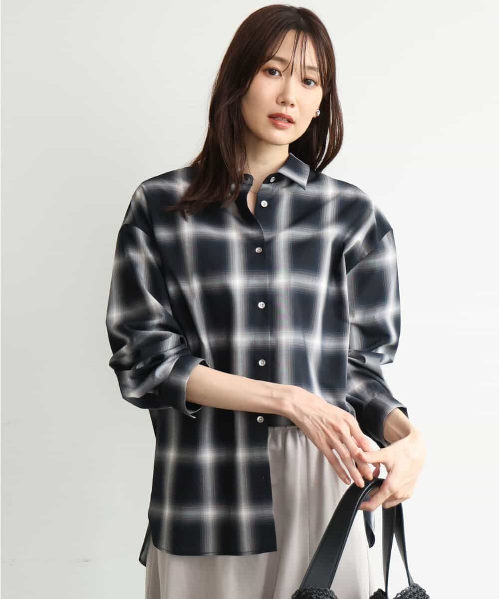 MK MICHEL KLEIN [洗える]オンブレチェック柄シャツブラウス エムケーミッシェルクラン トップス シャツ・ブラウス ネイビー ブラウン ブルー