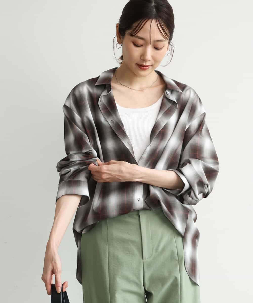 MK MICHEL KLEIN [洗える]オンブレチェック柄シャツブラウス エムケーミッシェルクラン トップス シャツ・ブラウス ネイビー ブラウン ブルー