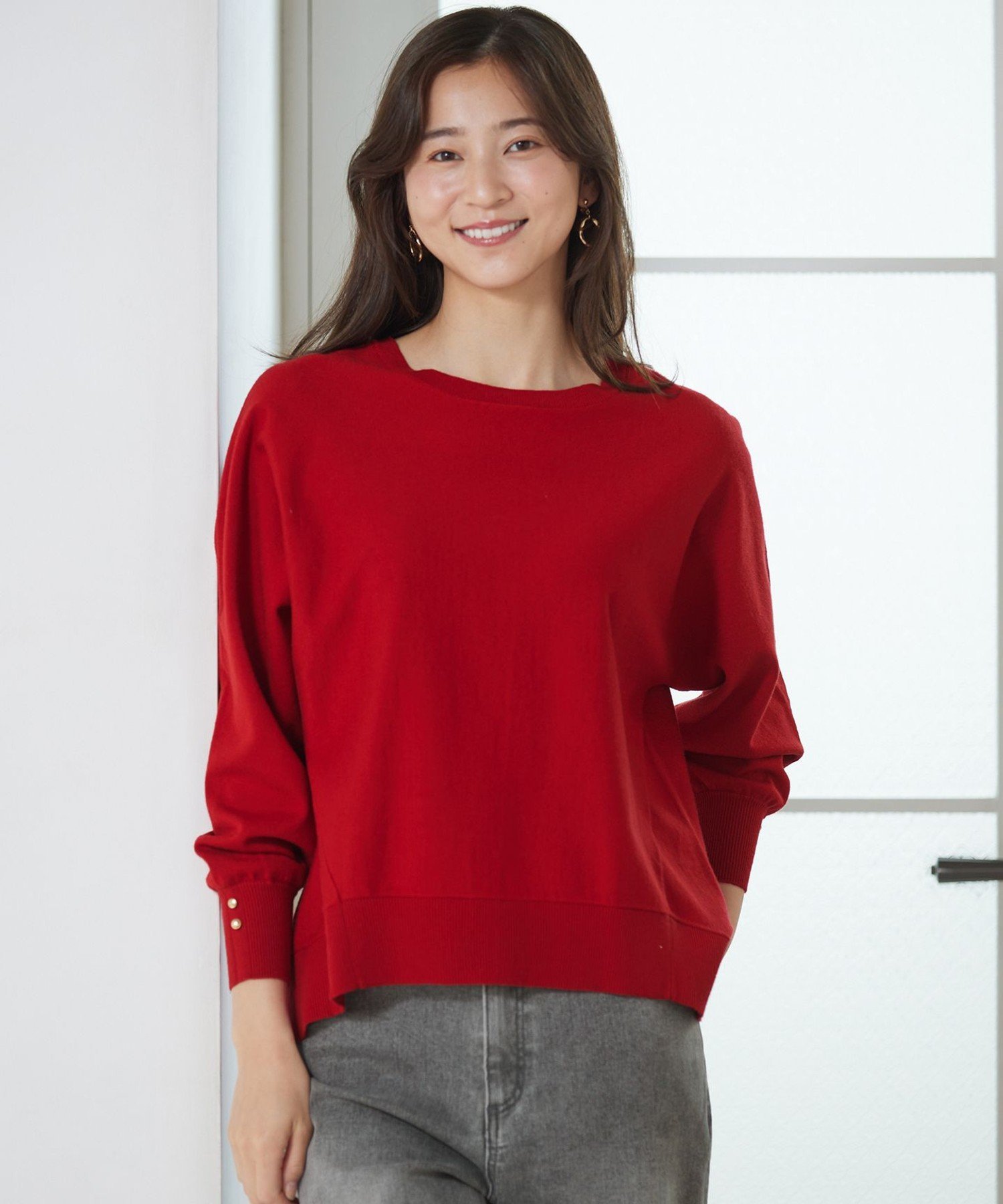L 【CICA加工・選べる9色展開】クルーネックバックスリット ニット エニィスィス トップス ニット レッド イエロー ブラック グリーン ブルー