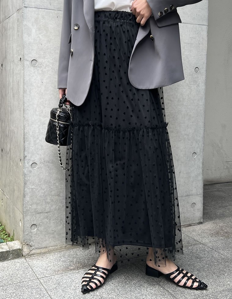 【SALE／35%OFF】Re:EDIT ハートフロッキーチュールフレアスカート リエディ スカート ロング・マキシスカート ブラック stylife-14907033 Rakuten Fashion サンプル画像2