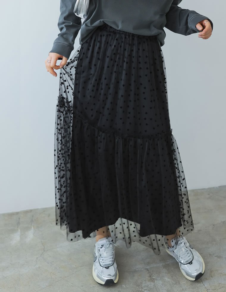 【SALE／35%OFF】Re:EDIT ハートフロッキーチュールフレアスカート リエディ スカート ロング・マキシスカート ブラック stylife-14907033 Rakuten Fashion サンプル画像3