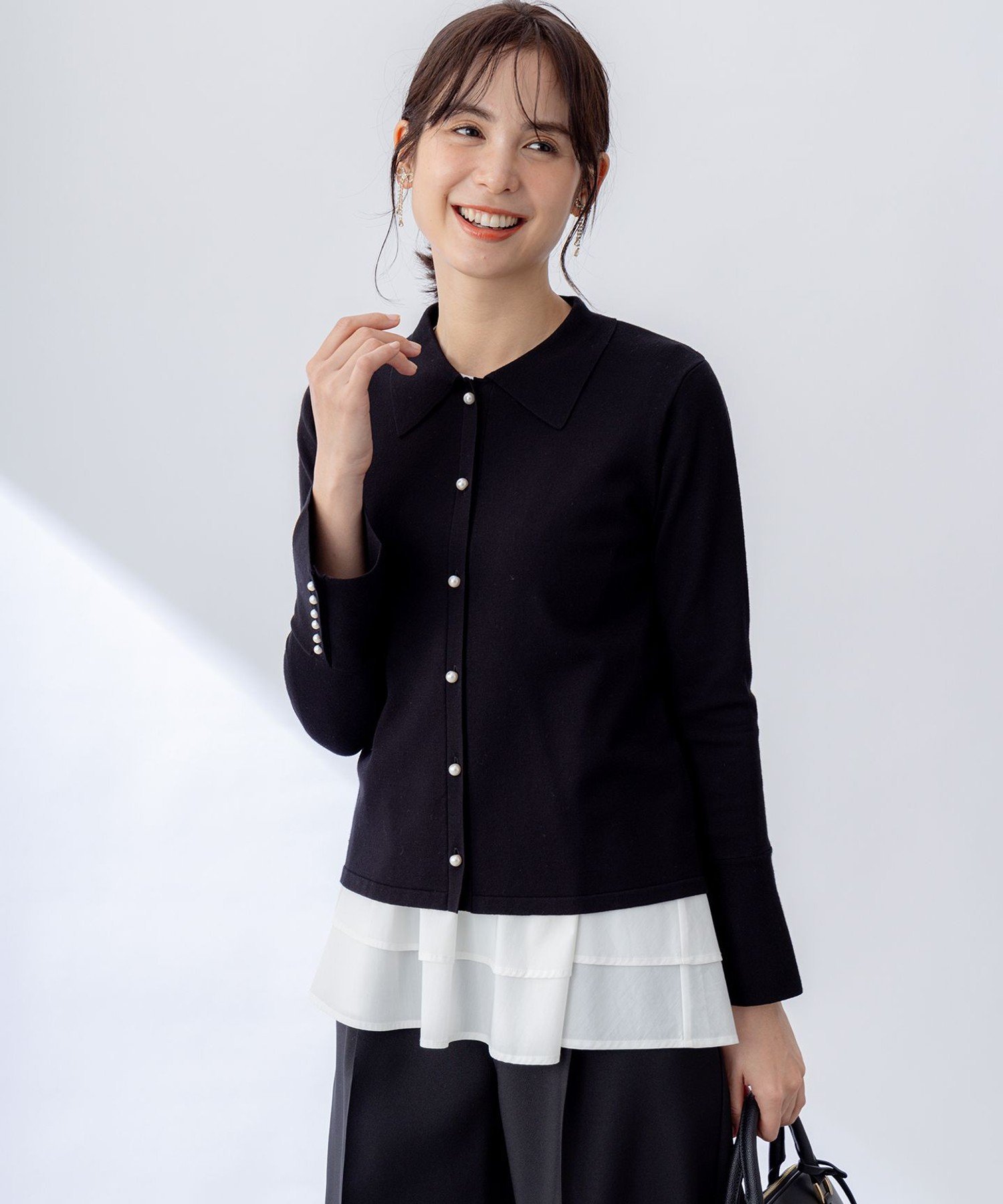 【SALE／50%OFF】組曲 L フレアスリーブニットポロ クミキョク トップス ニット ブラック ホワイト【送料無料】