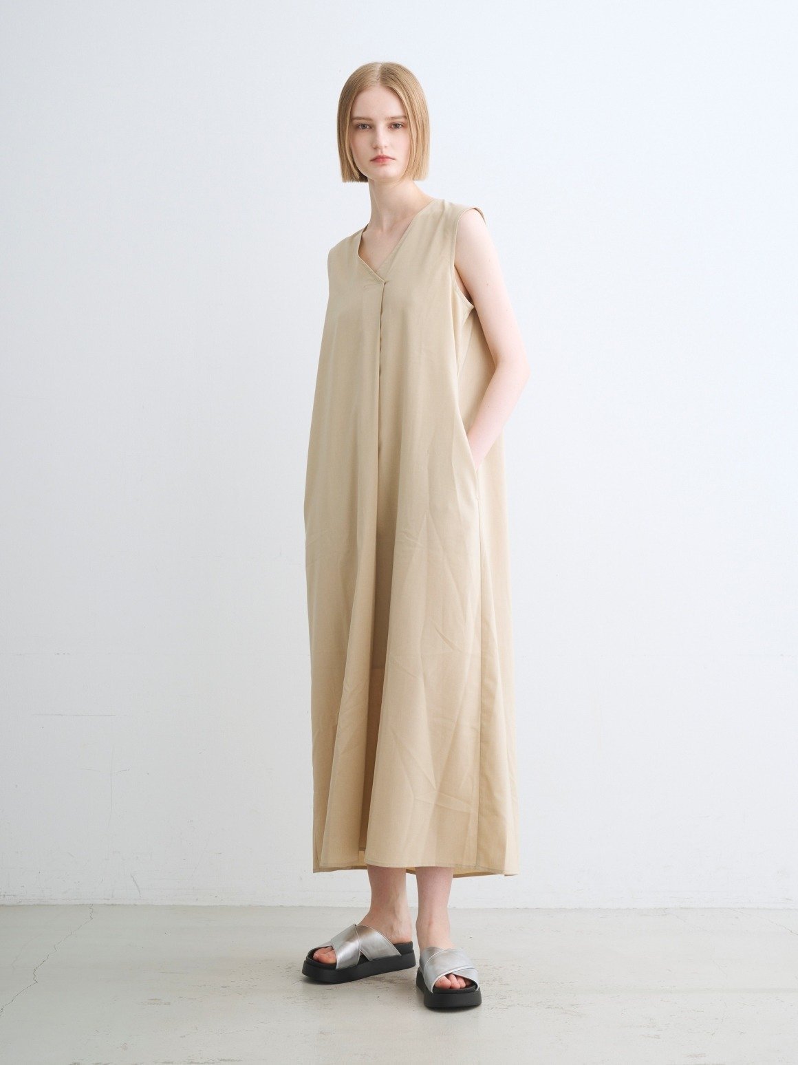 three dots Dry twill easy dress スリードッツ ワンピース・ドレス ドレス グレー ベージュ【送料無料】