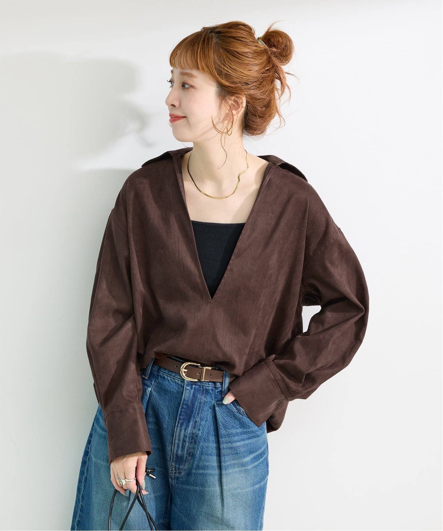 B.C STOCK 《予約》手洗い可 / スエードライクスキッパーシャツ ベーセーストック トップス シャツ・ブラウス ブラウン ベージュ【送料無料】