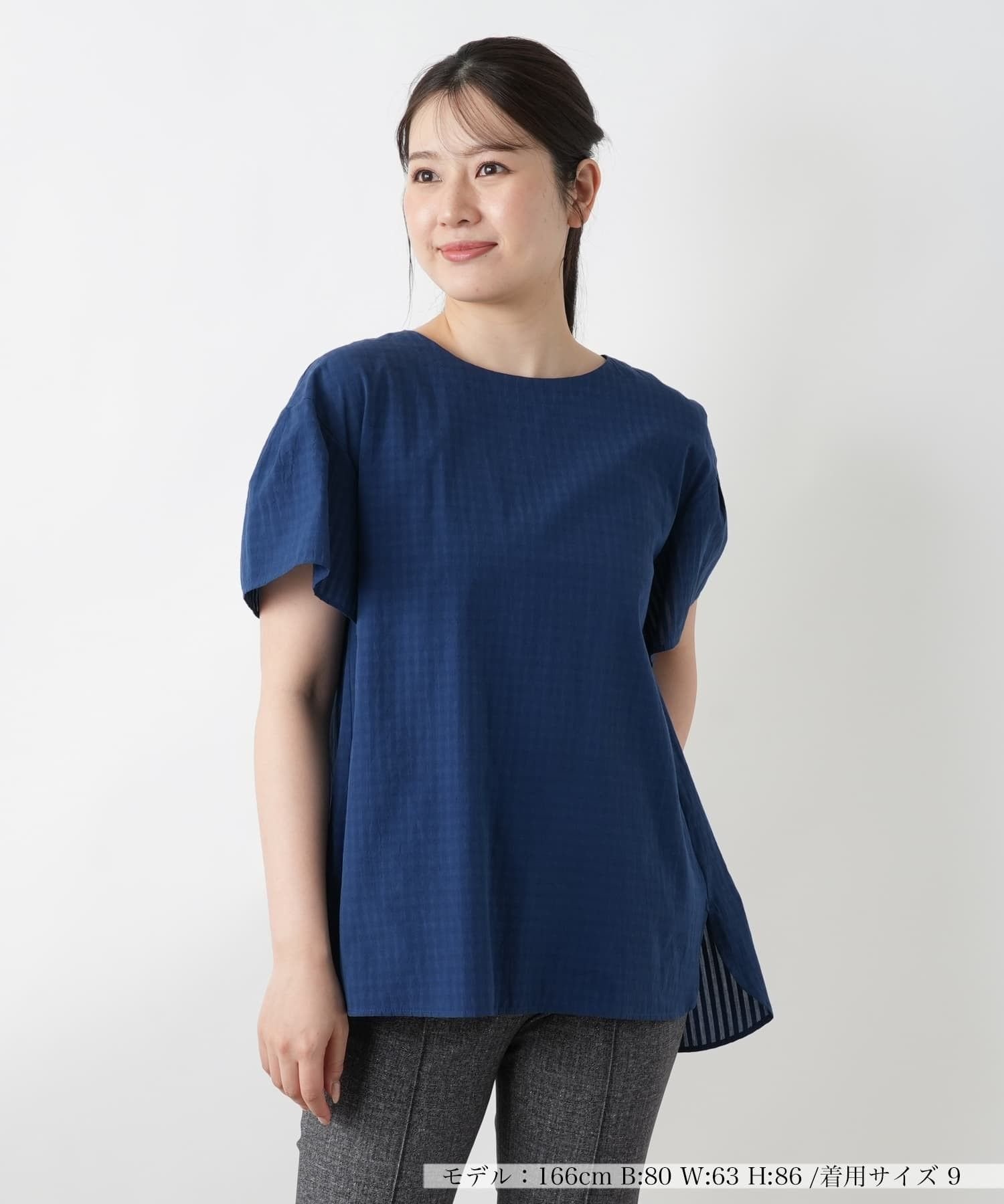 Leilian ボリュームブラウス レリアン トップス シャツ・ブラウス ネイビー レッド
