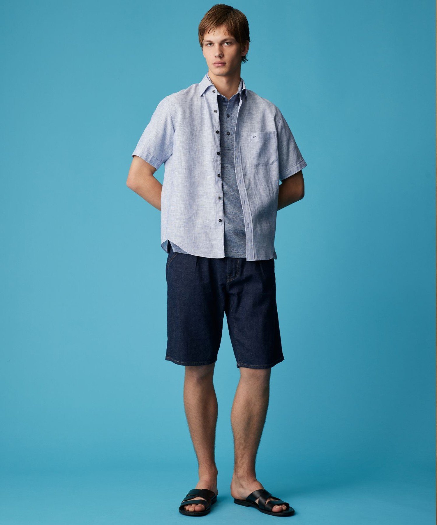 ABBOUD 【麻100%・軽い・涼しい】 モイスチャーリネン半袖 シャツ ジョセフアブード トップス シャツ・ブラウス ブルー