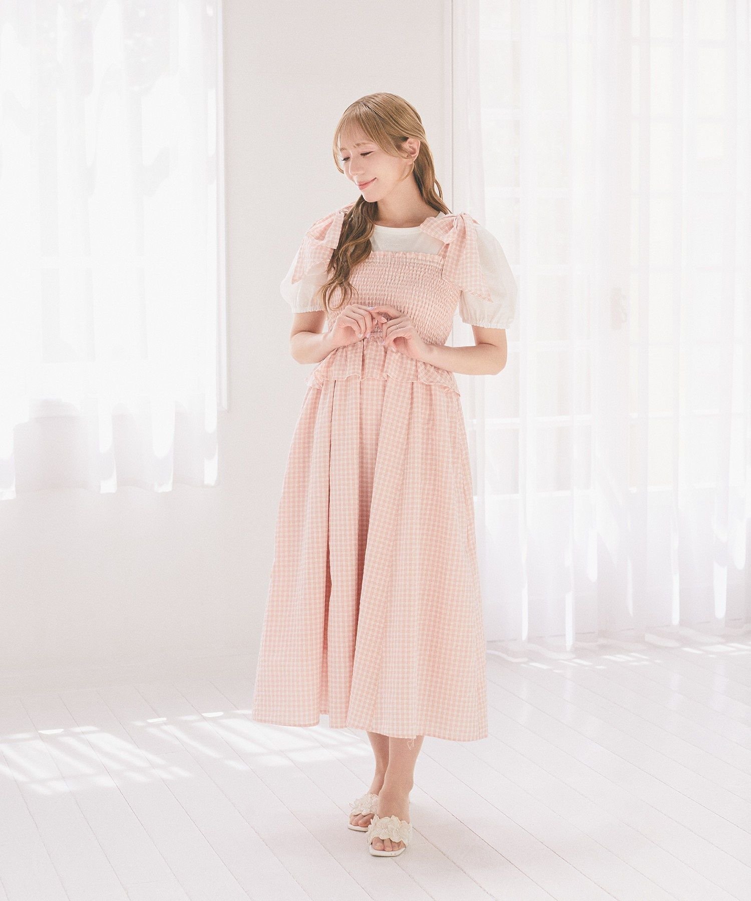 【SALE／30%OFF】Areeam シャーリングチェックキャミワンピース アリーム ワンピース・ドレス ワンピース ピンク イエロー【送料無料】