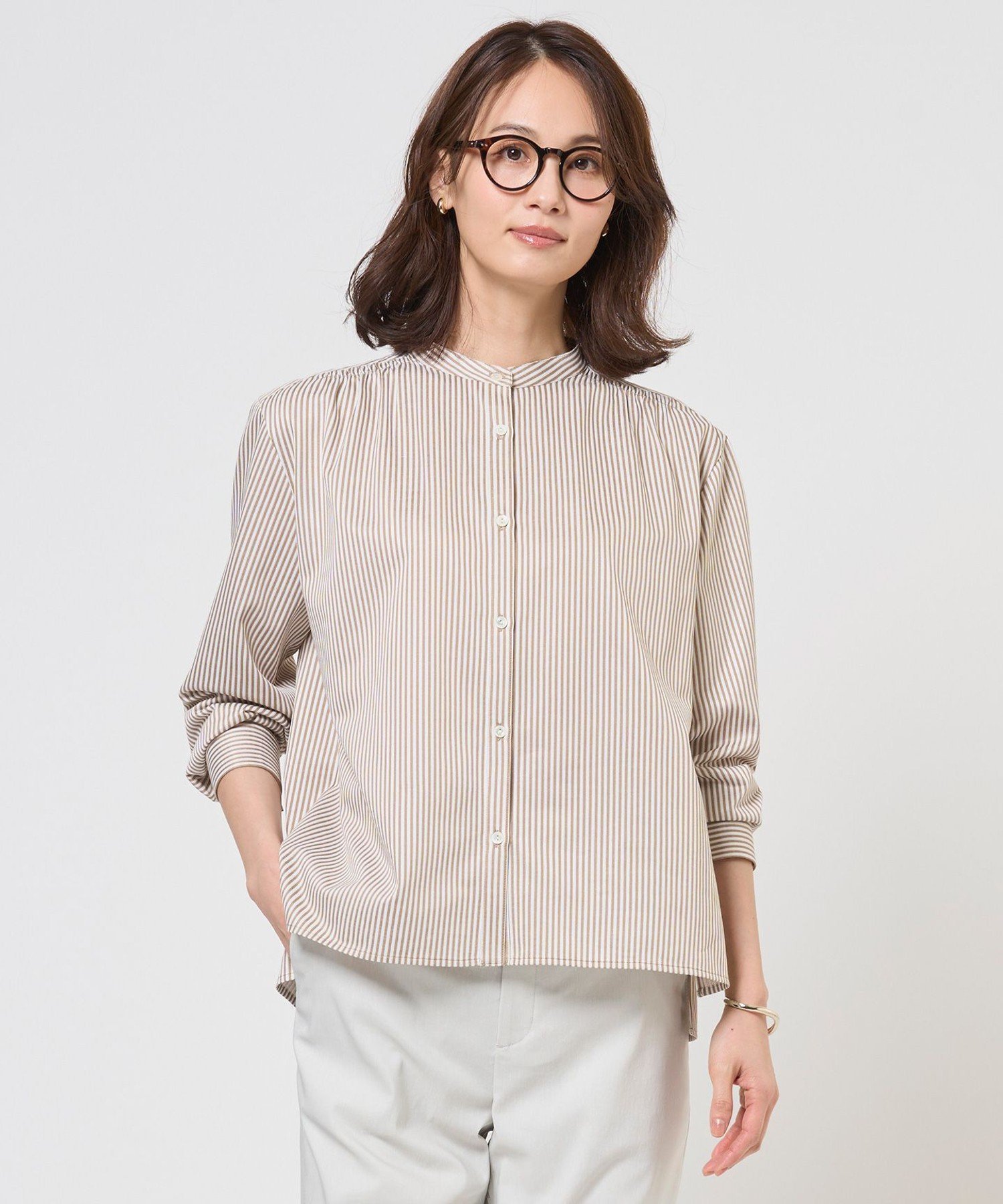 J.PRESS LADIES L ストライプジャガード バンドカラー カットソー ジェイプレス トップス カットソー・Tシャツ ブラウン ネイビー