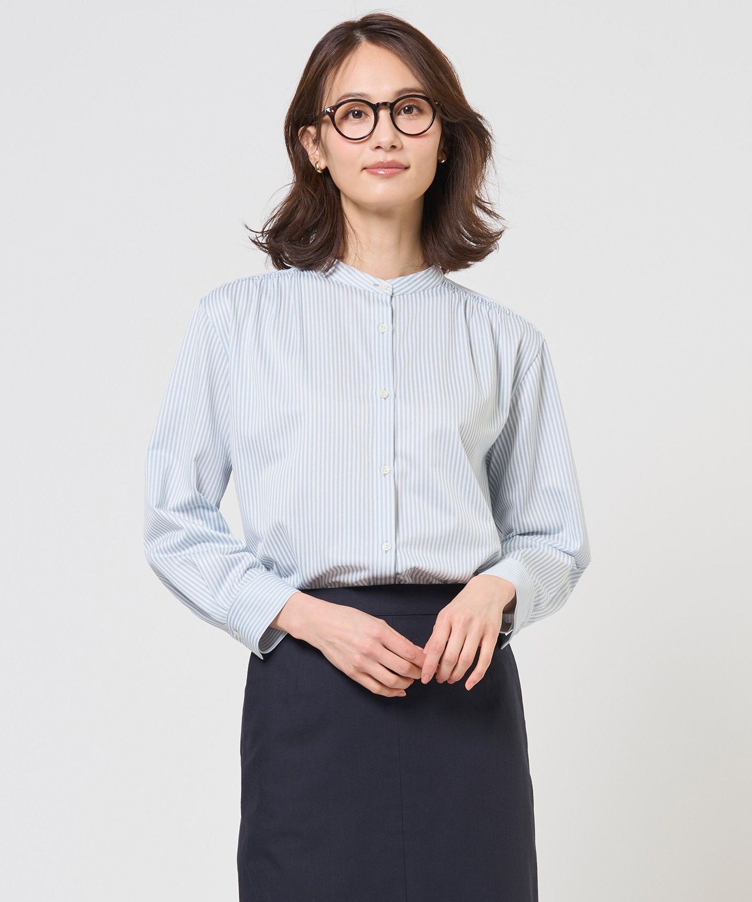 J.PRESS LADIES L ストライプジャガード バンドカラー カットソー ジェイプレス トップス カットソー・Tシャツ ブラウン ネイビー