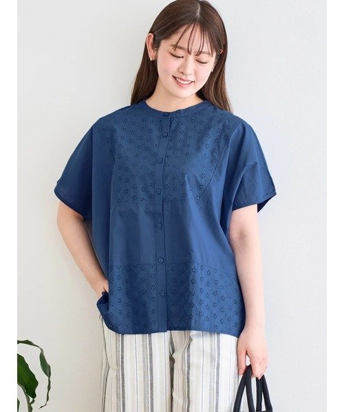 Hare no hi エブリー刺繍切り替えブラウス ルディックパーク トップス シャツ・ブラウス ホワイト カーキグリーン ブルー グレー