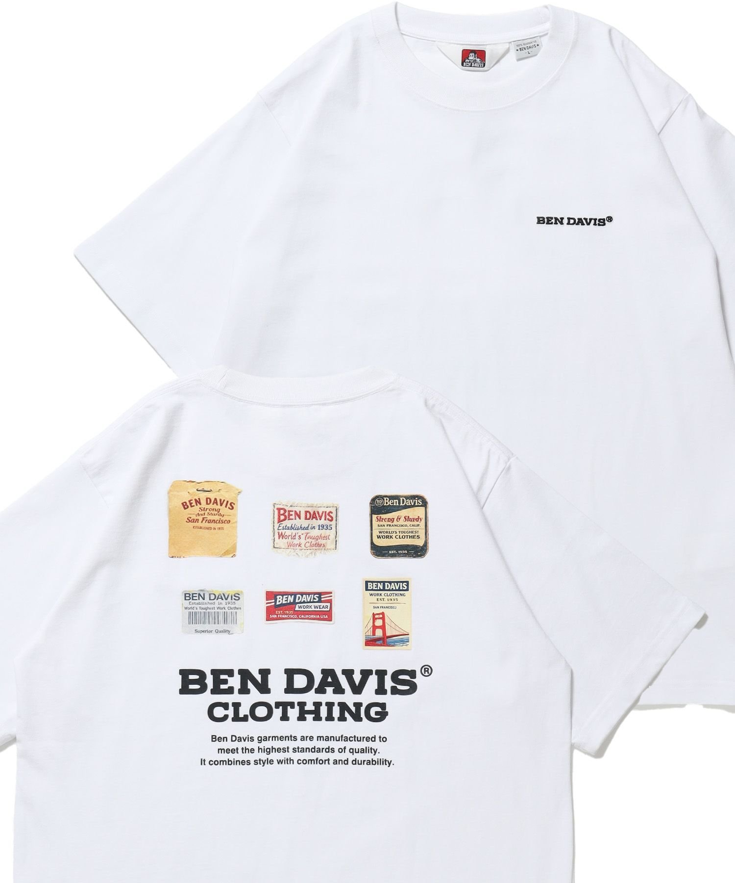 【BEN DAVIS(ベンデイビス)】 LABELS TEE / Tシャツ 半袖 クルーネック 刺繍 ワンポイント プリント ユニセックス オーバーサイズ ナバル トップス カットソー・Tシャツ ブラック ホワイト グリーン