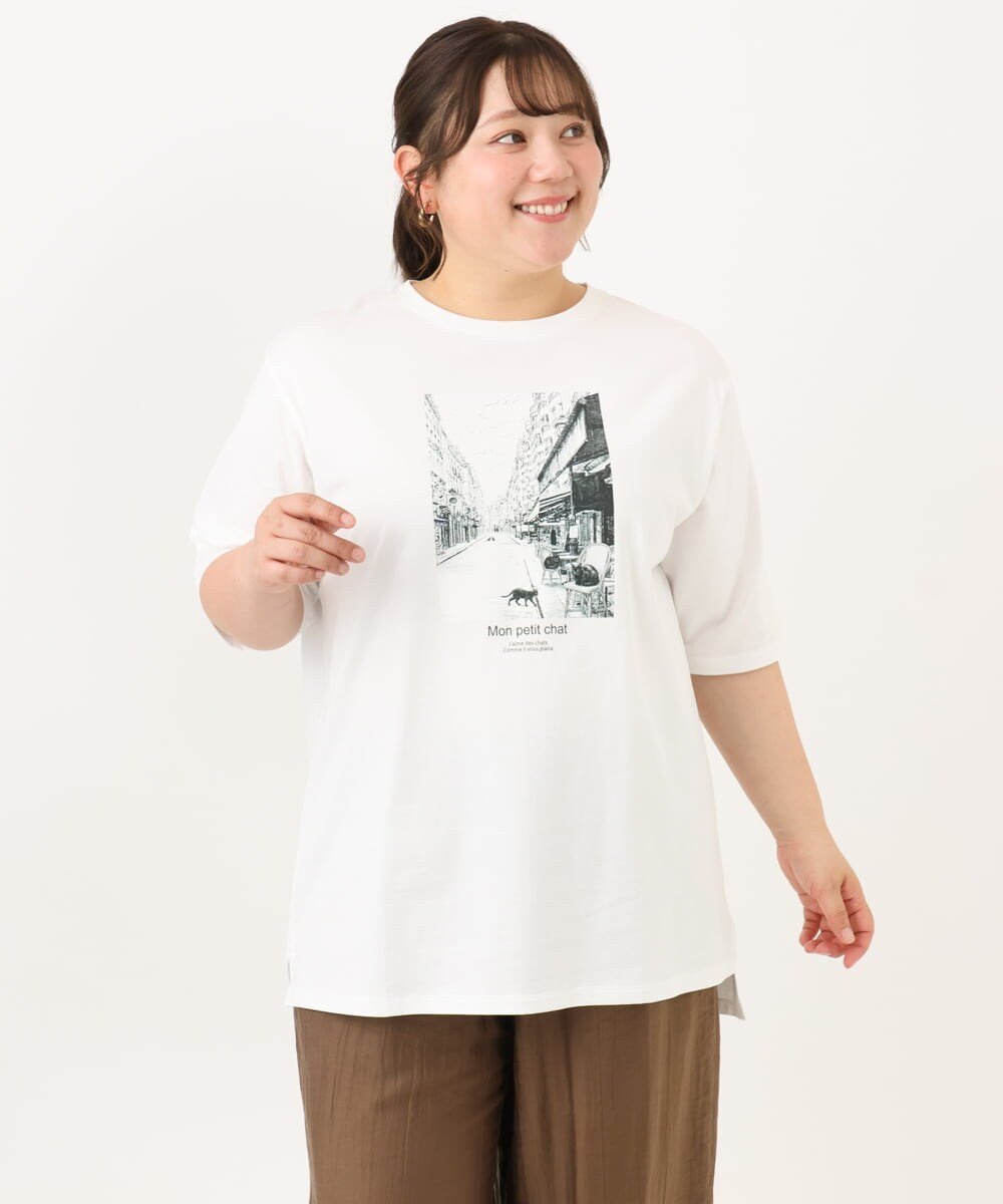 【大きいサイズ/接触冷感/UVカット】ネコプリントTシャツ エウルキューブ トップス カットソー・Tシャツ ホワイト ブラック