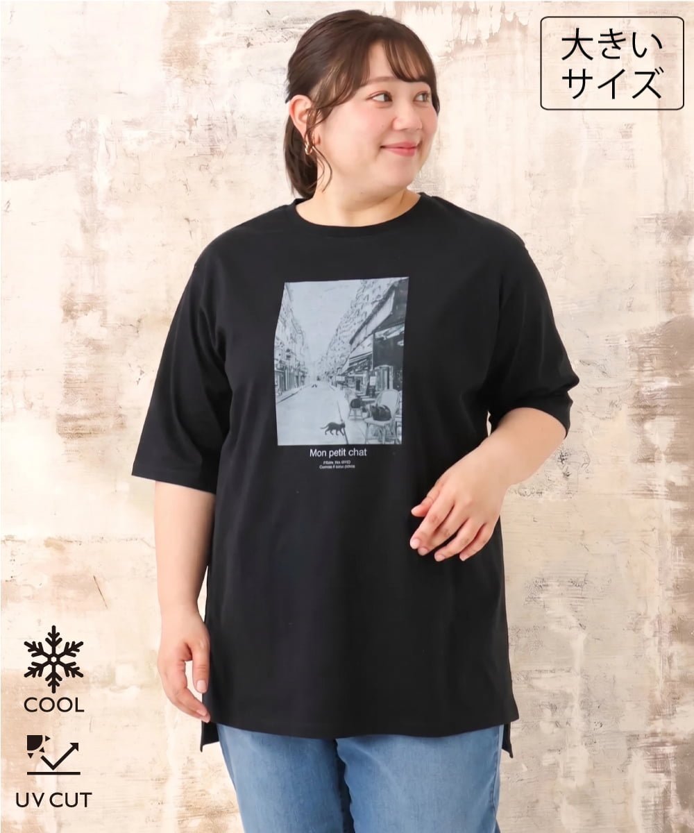 【大きいサイズ/接触冷感/UVカット】ネコプリントTシャツ エウルキューブ トップス カットソー・Tシャツ ホワイト ブラック