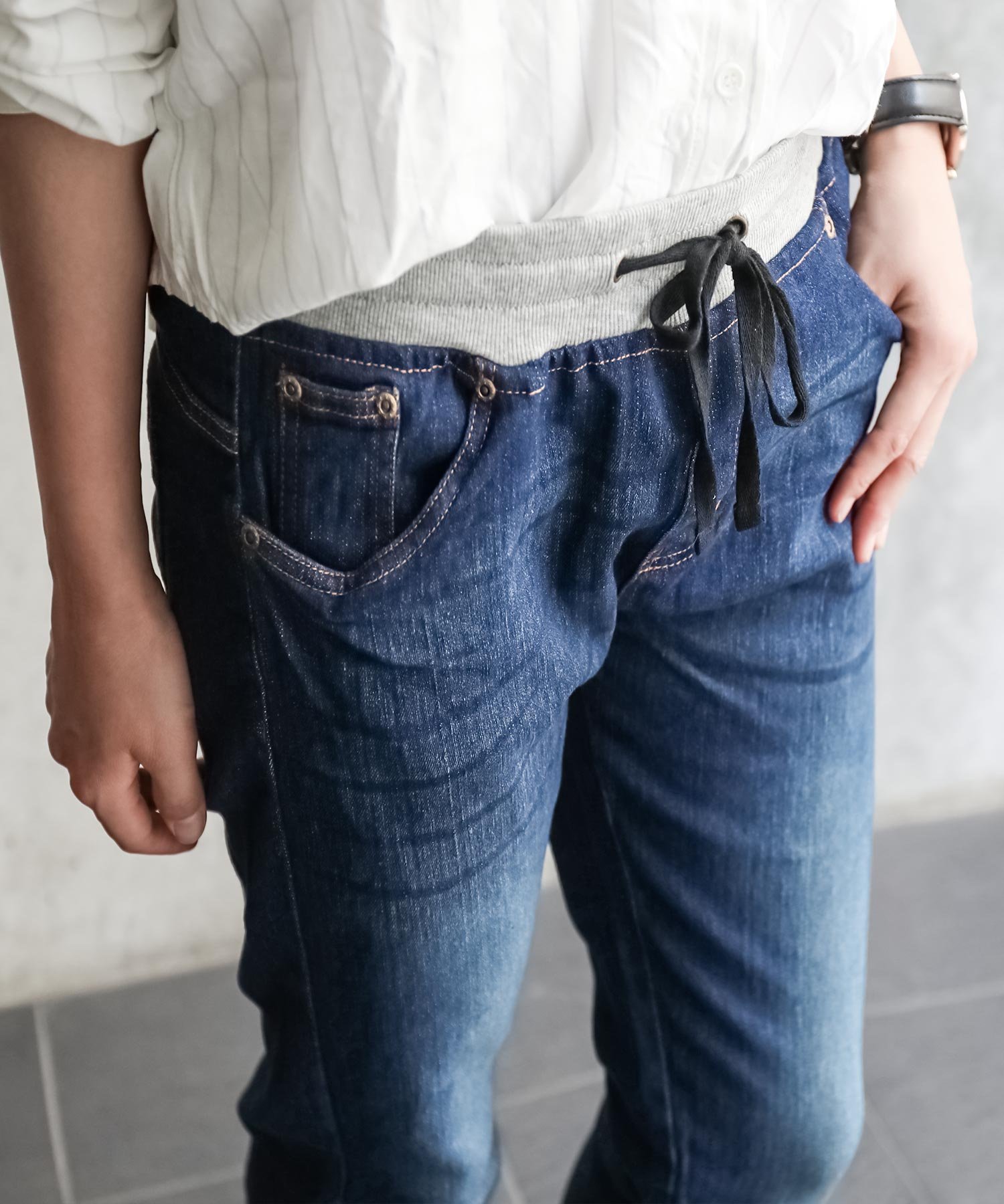 FashionLetter ウエストゴム美脚デニムパンツ 大きいサイズ ビーフラット パンツ ジーンズ・デニムパンツ ブルー ネイビー【送料無料】