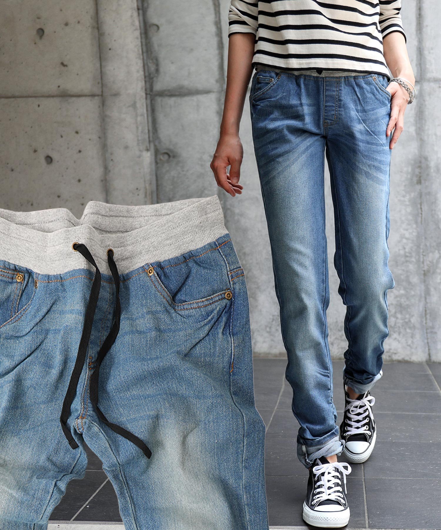 FashionLetter ウエストゴム美脚デニムパンツ 大きいサイズ ビーフラット パンツ ジーンズ・デニムパンツ ブルー ネイビー【送料無料】