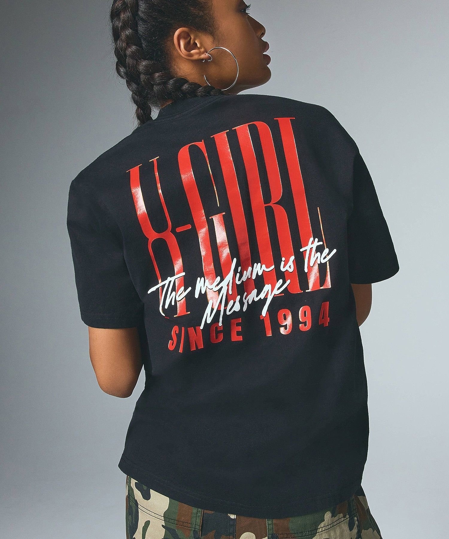 X-girl VERTICAL LOGO S/S TEE エックスガール トップス カットソー・Tシャツ ブラック ホワイト