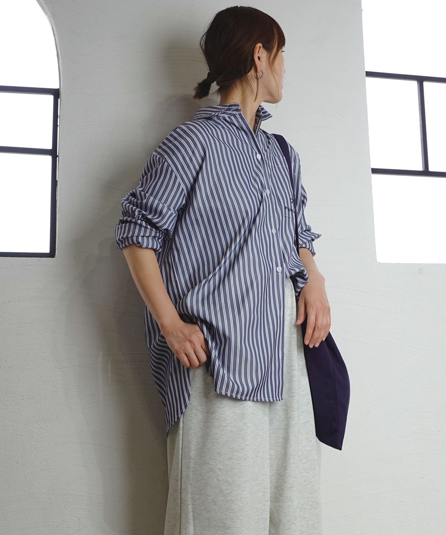 【SALE／20%OFF】CORNERS by KR 刺繍ストライプオーバーシャツ コーナーズ トップス シャツ・ブラウス ベージュ ネイビー ブルー【送料無料】