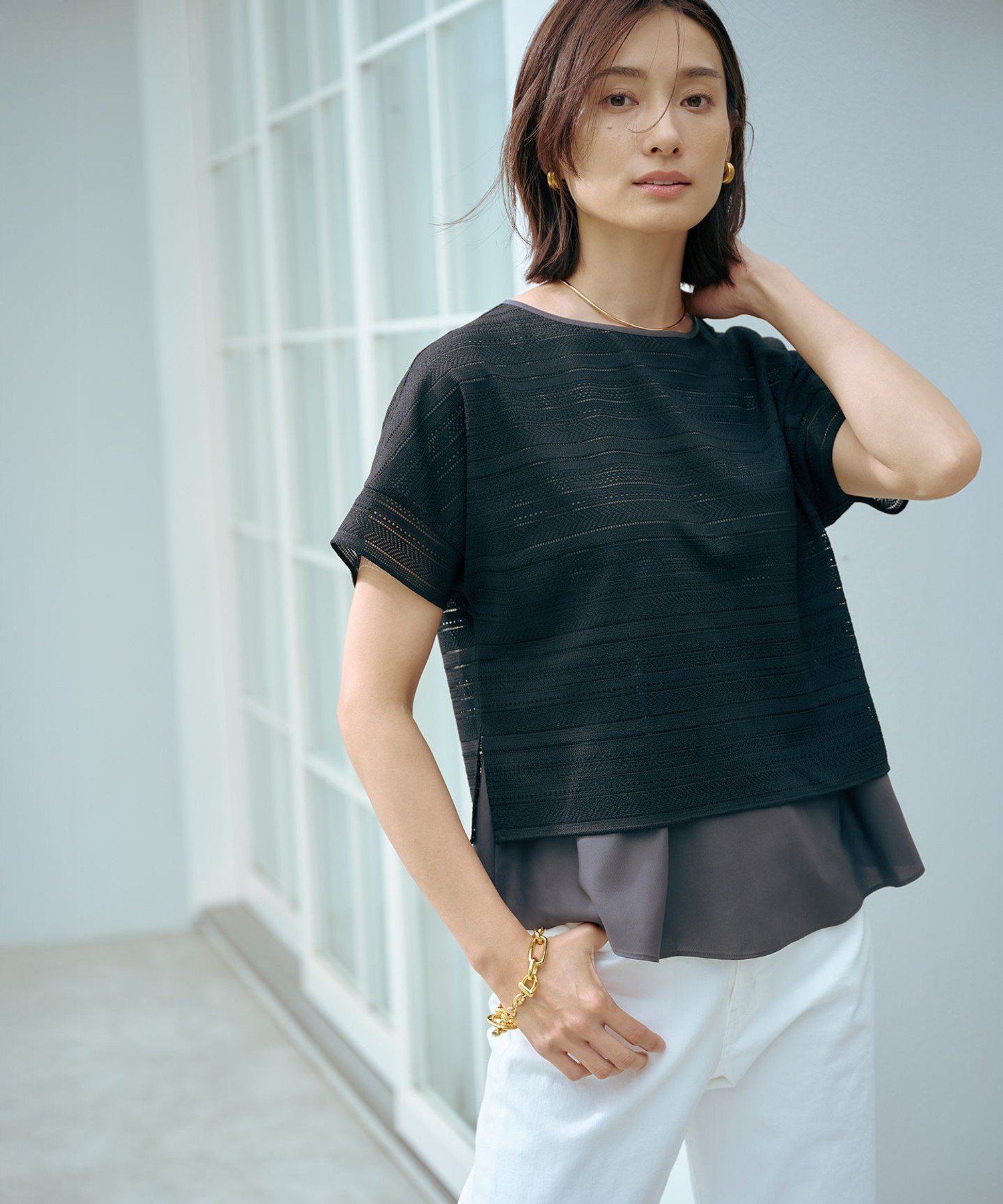 J.PRESS 【WEB限定カラーあり・洗える】レースドッキング カットソー ジェイプレス トップス カットソー・Tシャツ ピンク ホワイト ブラック