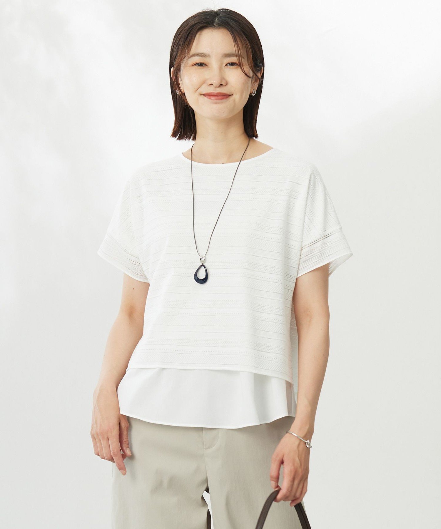 J.PRESS 【WEB限定カラーあり・洗える】レースドッキング カットソー ジェイプレス トップス カットソー・Tシャツ ピンク ホワイト ブラック