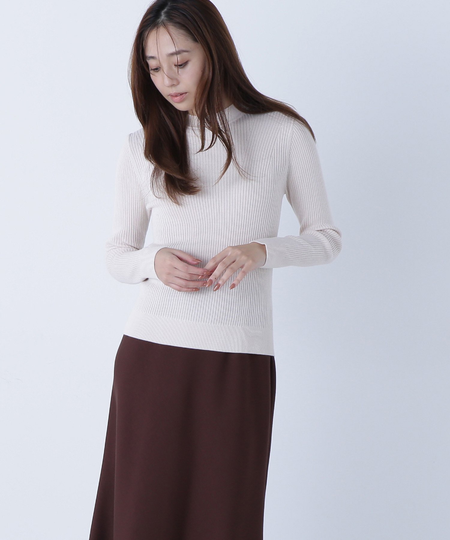NATURAL BEAUTY BASIC ウールブレンドニットシリーズ モックネック ナチュラルビューティベーシック トップス ニット ブルー ホワイト グレー レッド パープル