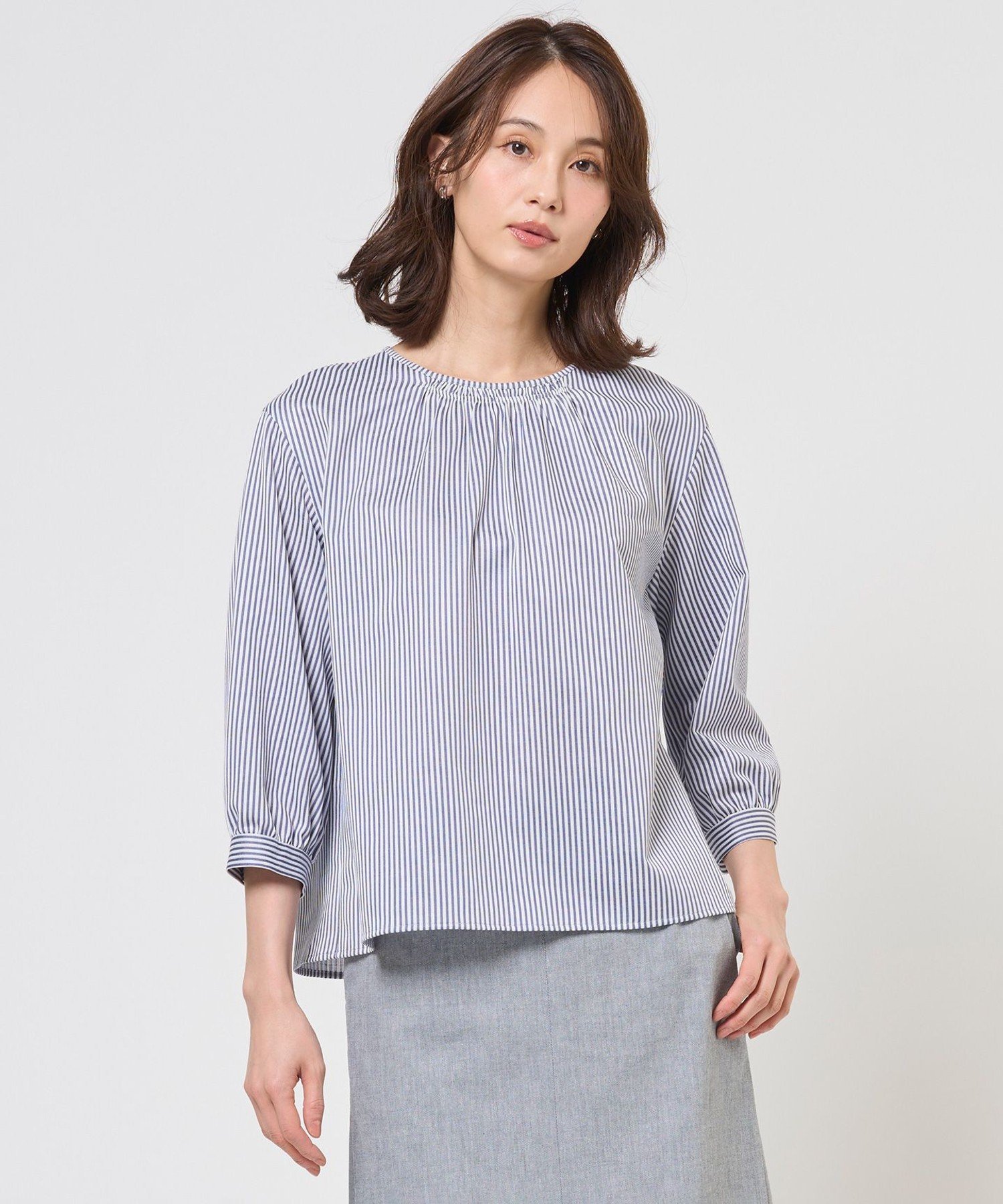 J.PRESS LADIES L ストライプジャカード ラウンドネック カットソー ジェイプレス トップス カットソー・Tシャツ ネイビー ブラウン