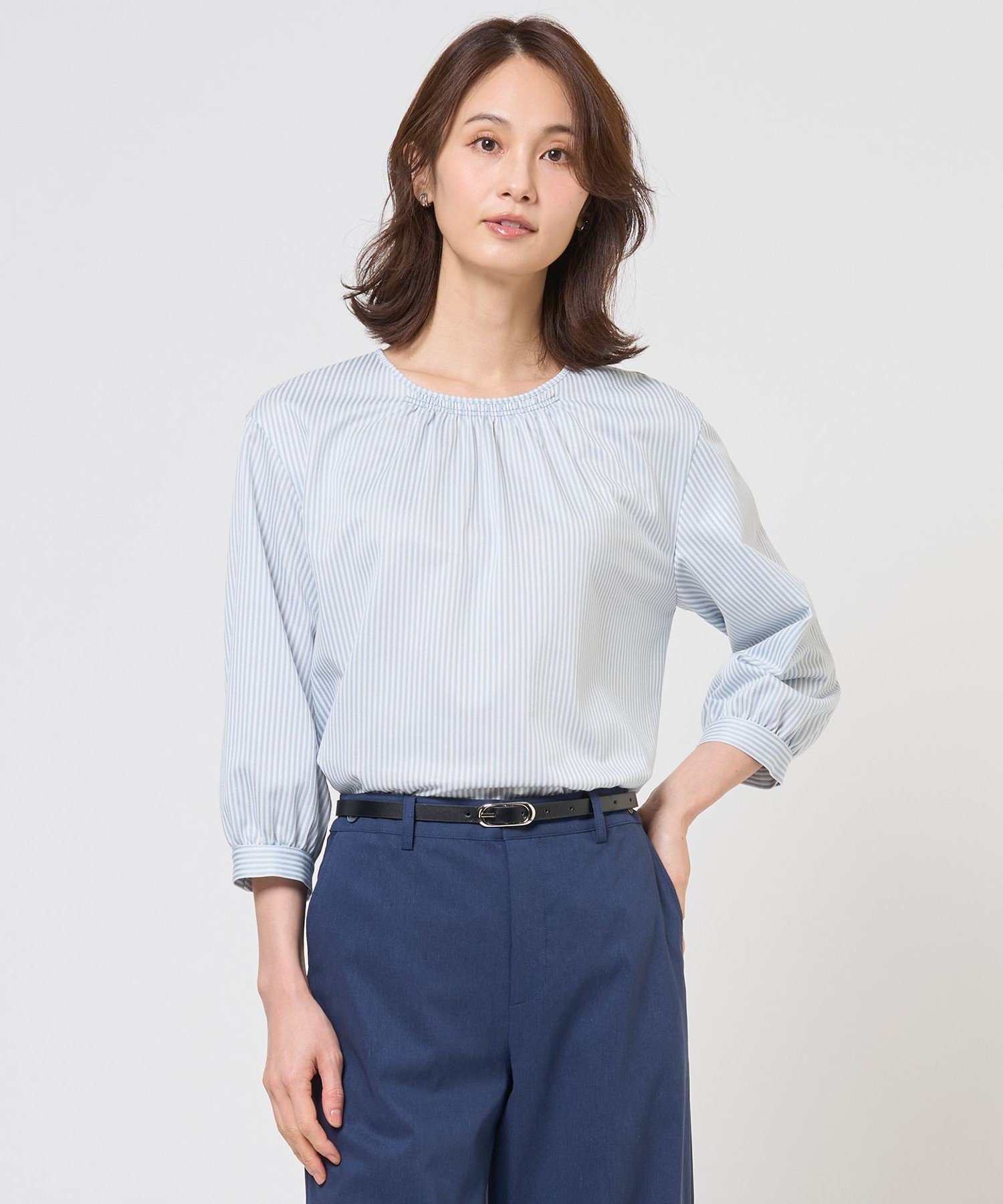 J.PRESS LADIES L ストライプジャカード ラウンドネック カットソー ジェイプレス トップス カットソー・Tシャツ ネイビー ブラウン