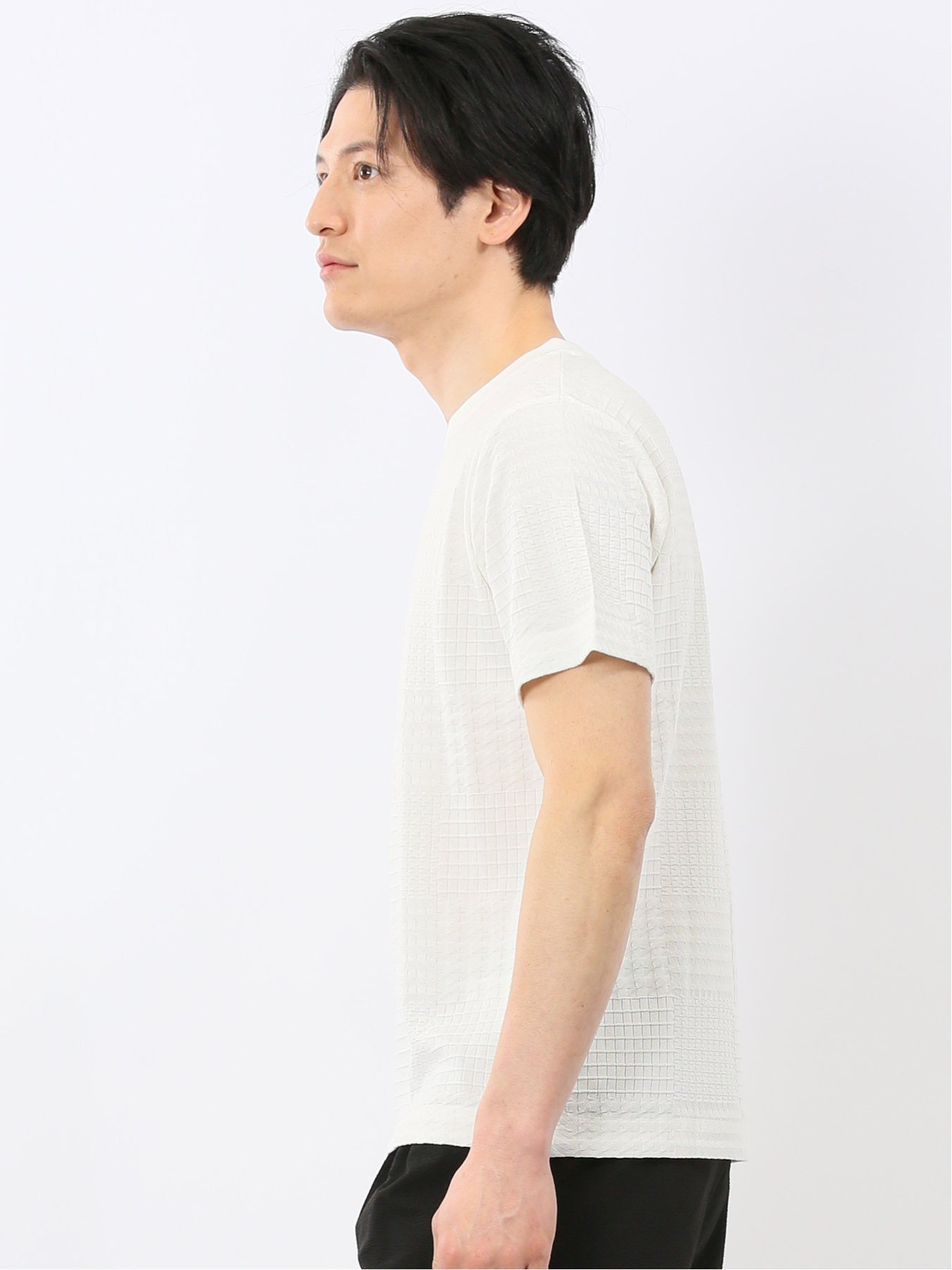 【SALE／10%OFF】m.f.editorial チェック ジャガード クルーネック 半袖 Tシャツ タカキュー トップス カットソー・Tシャツ ホワイト ブルー