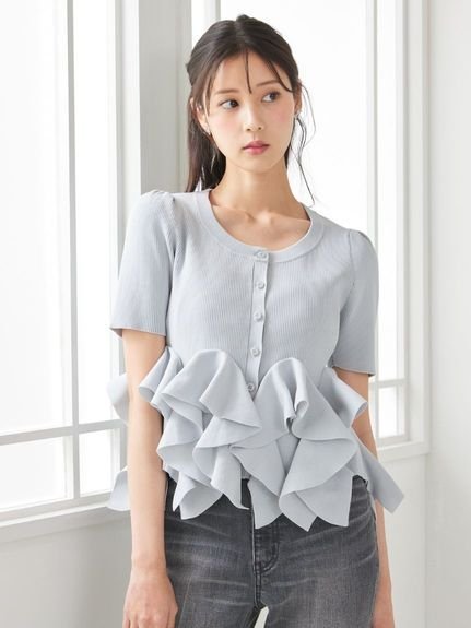CELFORD 【WEB・一部店舗限定カラー】ラッフルフリルペプラムニットカーディガン セルフォード トップス ニット ネイビー ホワイト【送料無料】