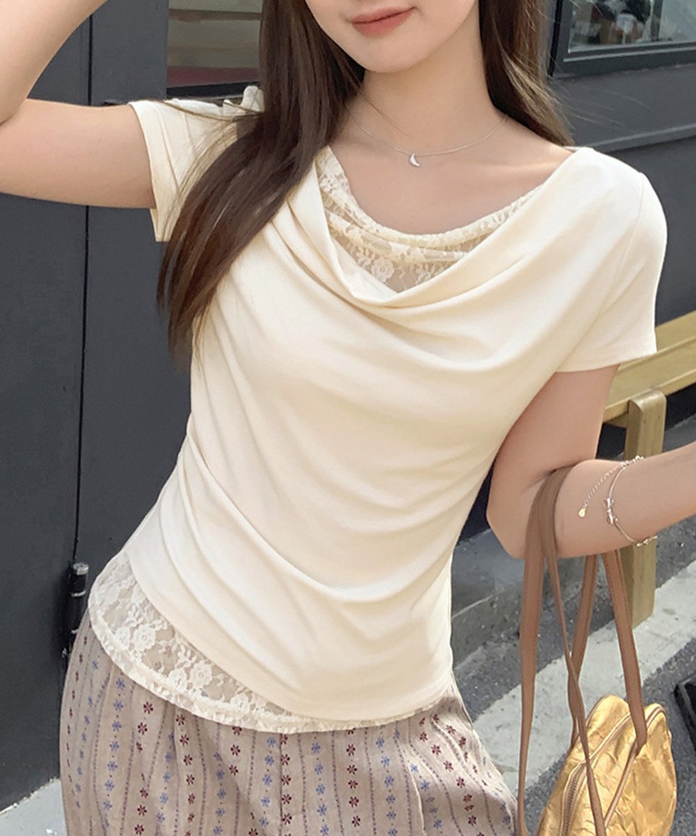 miniministore レースドッキングオフショルTシャツ 半袖 ミニミニストア トップス カットソー・Tシャツ ホワイト ピンク イエロー