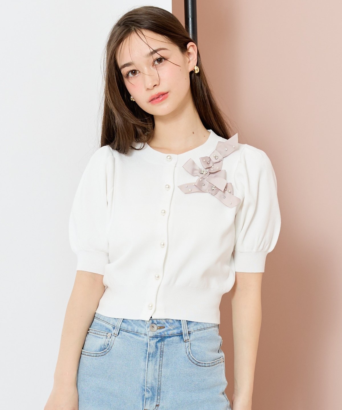 WILLSELECTION リボンデコレーションカーディガン ウィルセレクション トップス カーディガン ホワイト ブルー ピンク ブラック【送料無料】