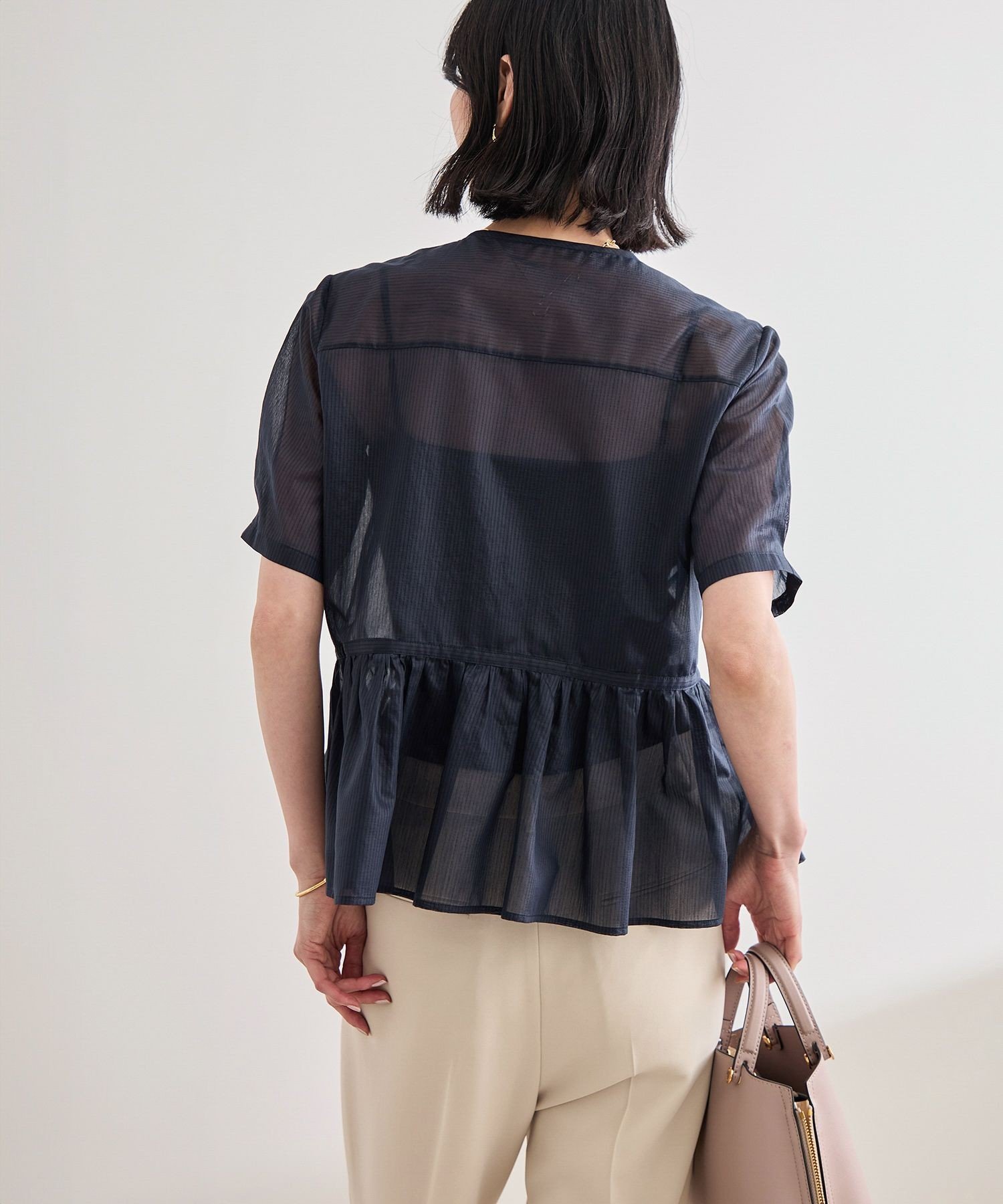 【SALE／50%OFF】ROPE' 【洗える】ストライプペプラムブラウス ロペ トップス シャツ・ブラウス ピンク ネイビー【送料無料】