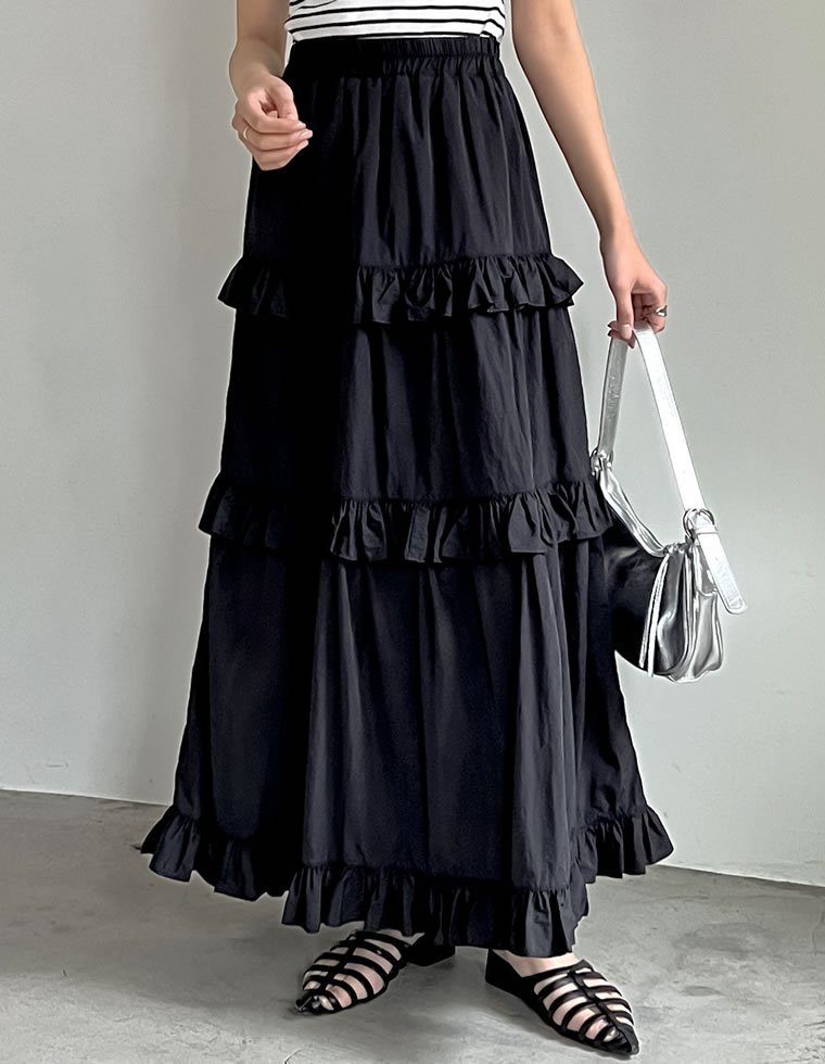 【SALE／75%OFF】Re:EDIT ナイロンタフタフリルティアードスカート リエディ スカート ロング・マキシスカート グレー ブラック stylife-14907177 Rakuten Fashion サンプル画像3