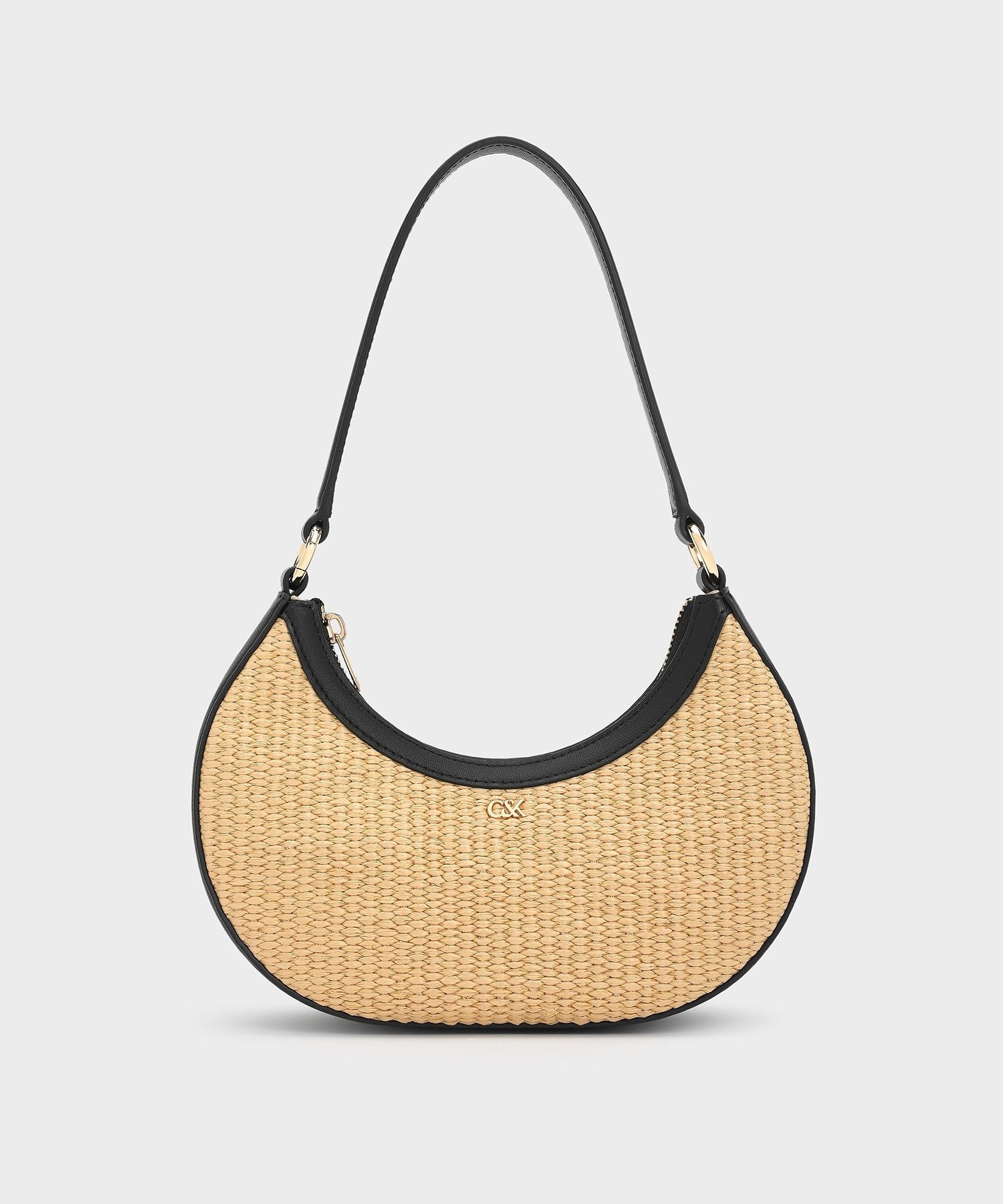 CHARLES & KEITH ラフィア&レザー クレセントホーボーバッグ チャールズアンドキース バッグ トートバッグ【送料無料】のサムネイル