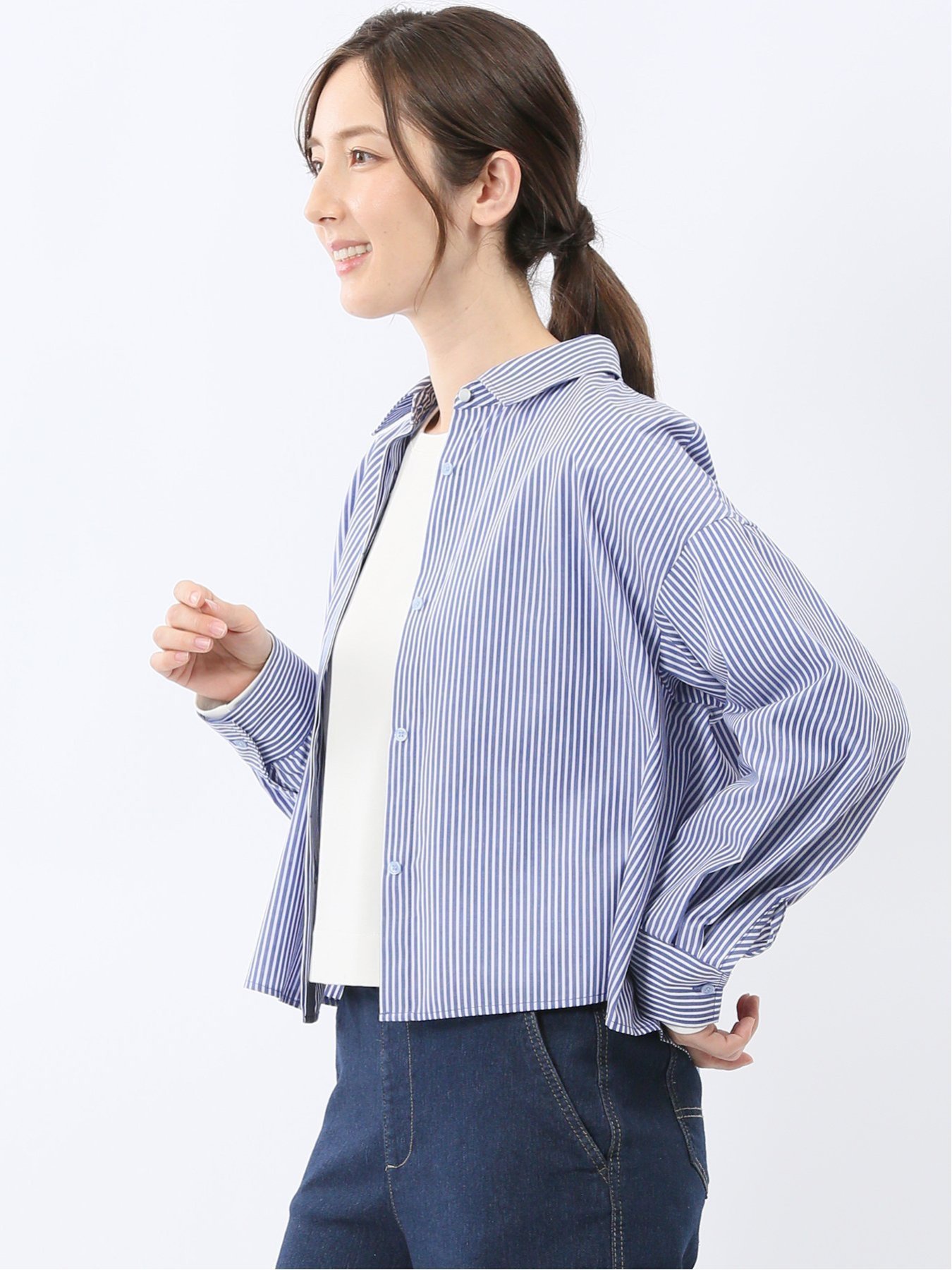 【SALE／10%OFF】m.f.editorial クロップド 比翼長袖ブラウス 【26SS】 タカキュー トップス シャツ・ブラウス ブルー【送料無料】