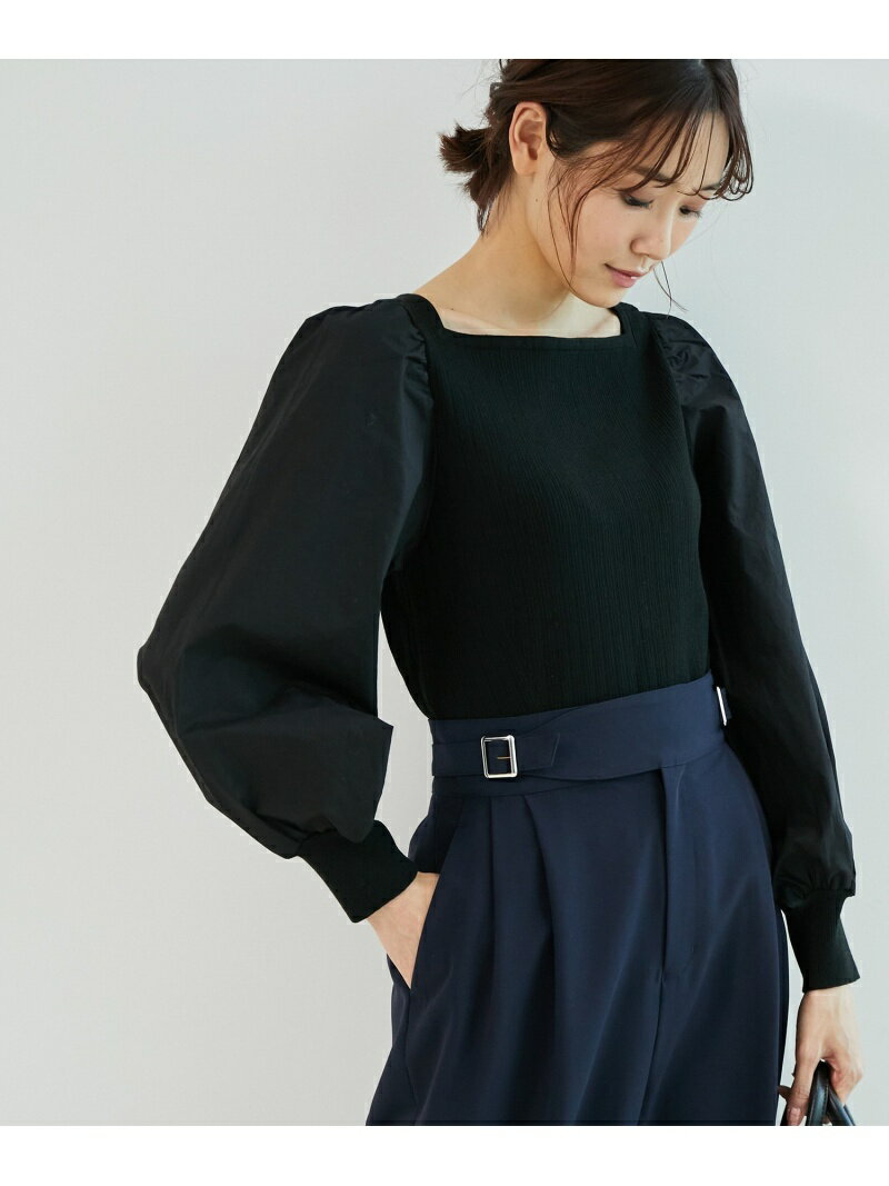 【SALE／20%OFF】ROPE' PICNIC 袖異素材スクエアネックニットプルオーバー ロペピクニック トップス ニット ブラック ホワイト ベージュ イエローのサムネイル