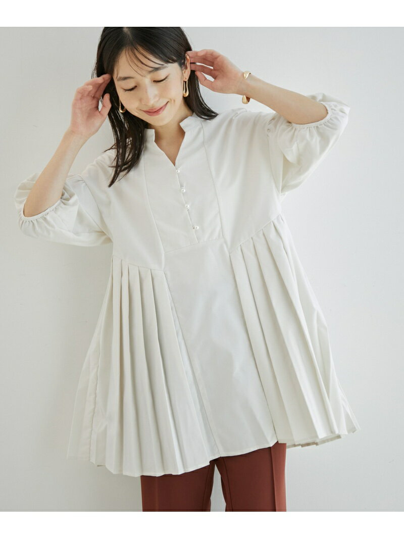 【SALE／17%OFF】VIS パール釦プリーツチュニック ビス トップス シャツ・ブラウス ホワイト ベージュ ネイビー ブルーのサムネイル