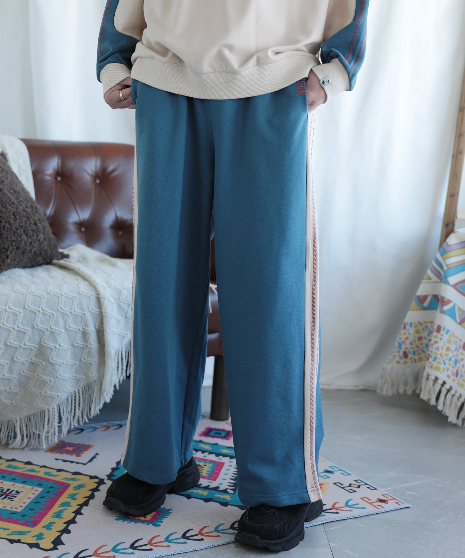 HOOK HOOK -original-/配色サイドラインスウェットパンツ セットアップ可能 アイモハ パンツ ジャージ・スウェットパンツ ブラック ブルー ベージュ ブラウン