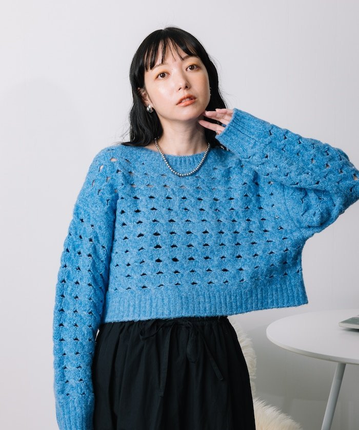 ケーブルチーズニット 24AW フリークスストア トップス ニット グレー ブルー ホワイト