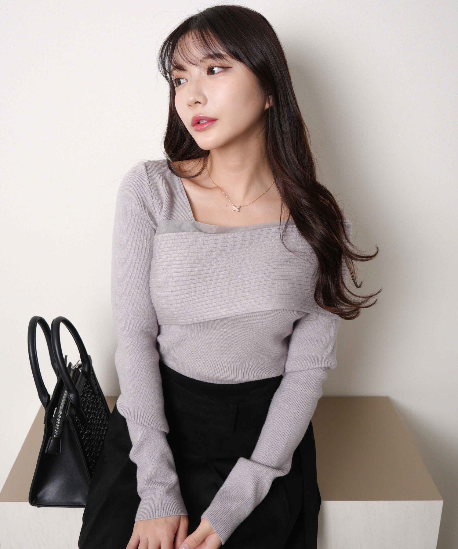 LIP SERVICE LIP SERVICE/(W)シアーラインアシメショルダーニット リップサービス トップス ニット グレー ブラック ホワイト