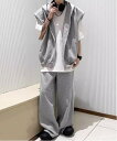 NOWLE NOWLE/(M)【NOWLE】ライン柄 ノースリーブ ジップ パーカー/ワイド スウェット パンツ セットアップ チェルカ トップス その他のトップス グレー ブラック【送料無料】