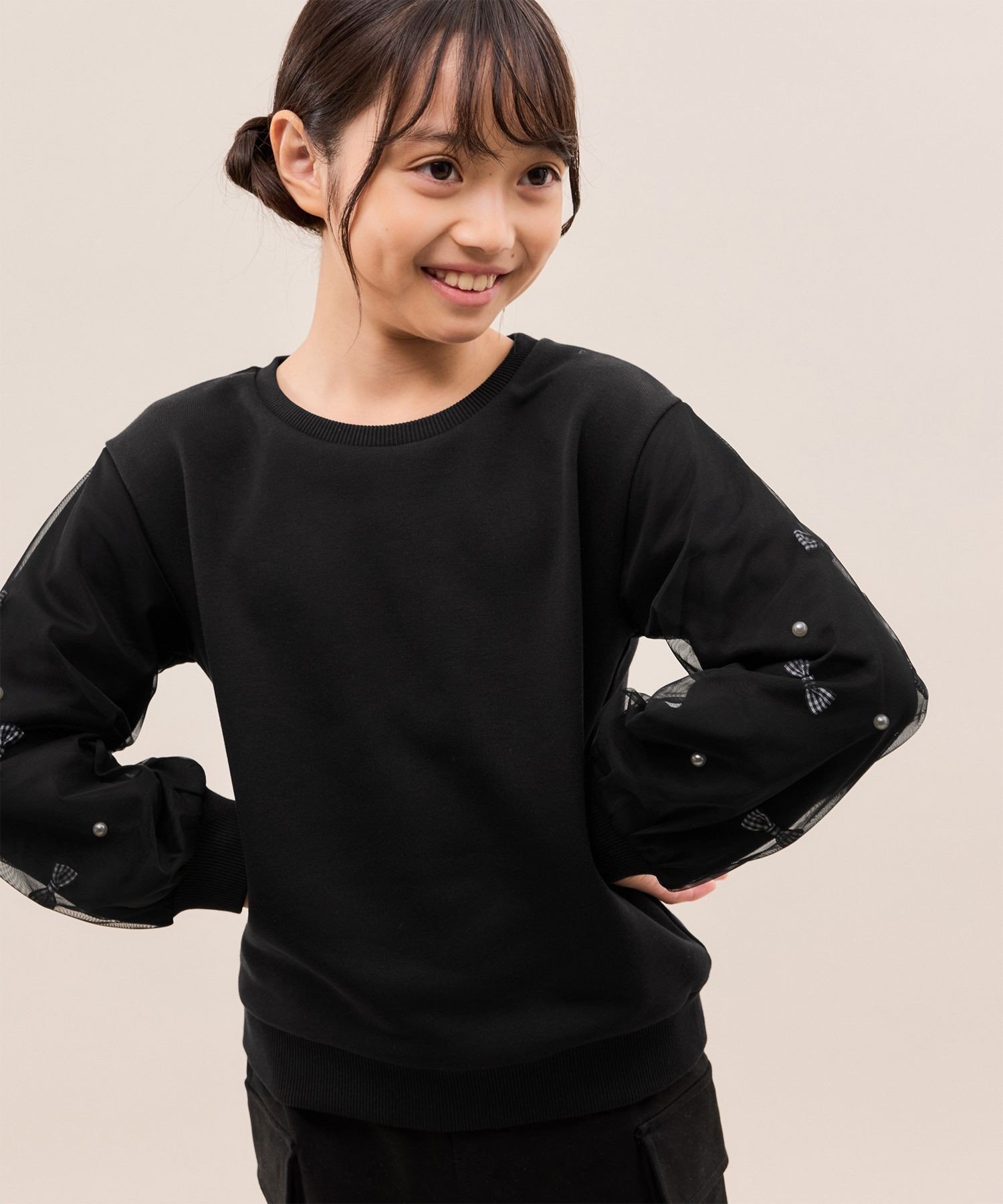 【SALE／70%OFF】ROPE' PICNIC KIDS 【KIDS/キッズ】ギンガムチェックリボンスリーブ裏毛トップス ロペピクニック トップス スウェット・トレーナー ブラック ベージュ パープル stylife-15267144 Rakuten Fashion サンプル画像2