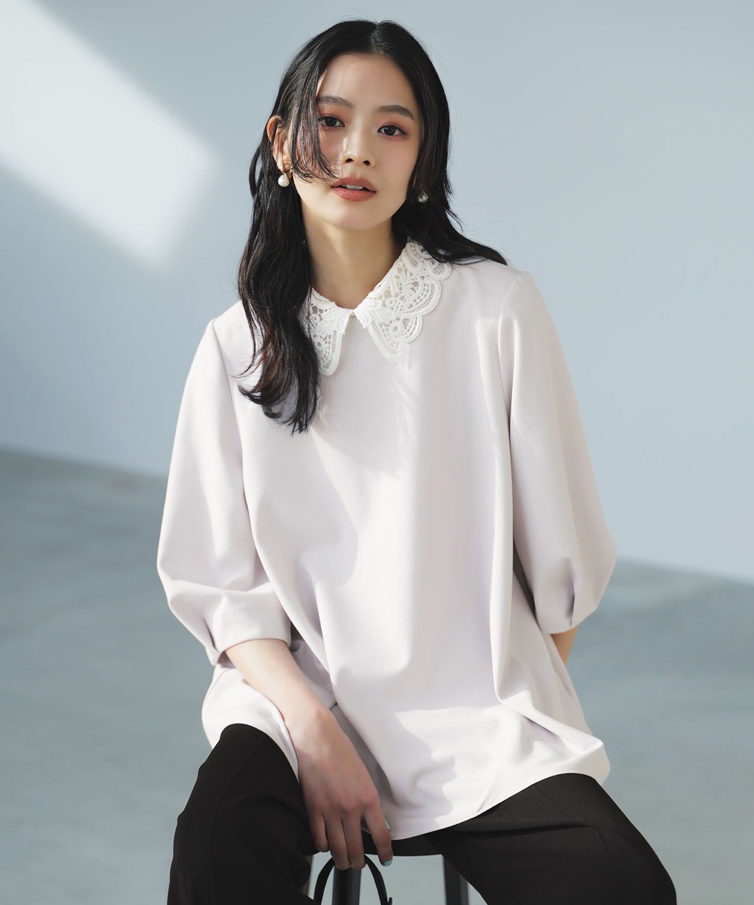 UNFILO L 【ご好評により追加生産/襟は取り外し可能な2WAY】BEAUTY MOVE レース襟ブラウス アンフィーロ トップス シャツ・ブラウス ホワイト ブラック グレー ネイビー