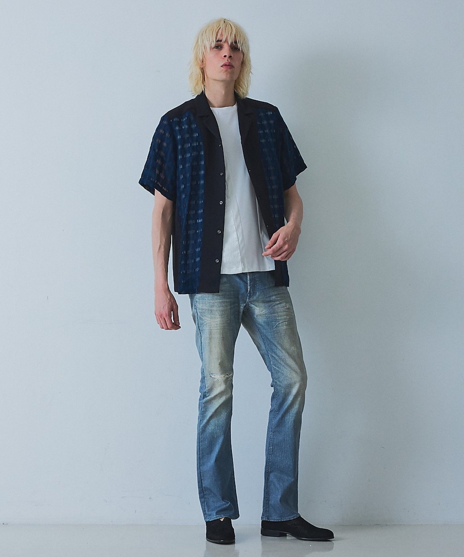 5351POUR LES HOMMES 【コンビネーション】シアー チェック 半袖シャツ ゴーサンゴーイチプールオム トップス シャツ・ブラウス ネイビー ブラック