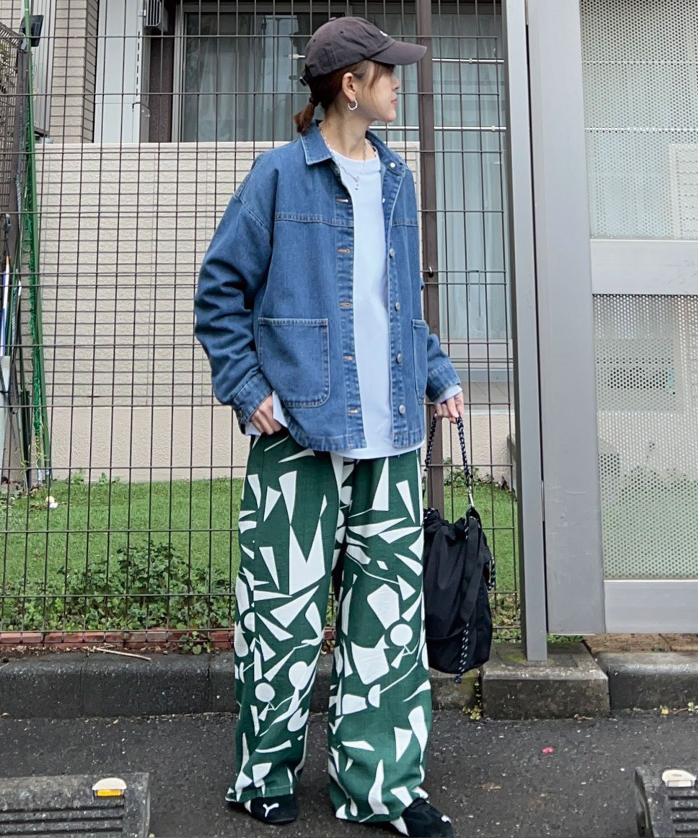 【CORNERS by KR】リネンタッチ幾何学柄ラフパンツ コーナーズ パンツ その他のパンツ ブラック グリーン ホワイト