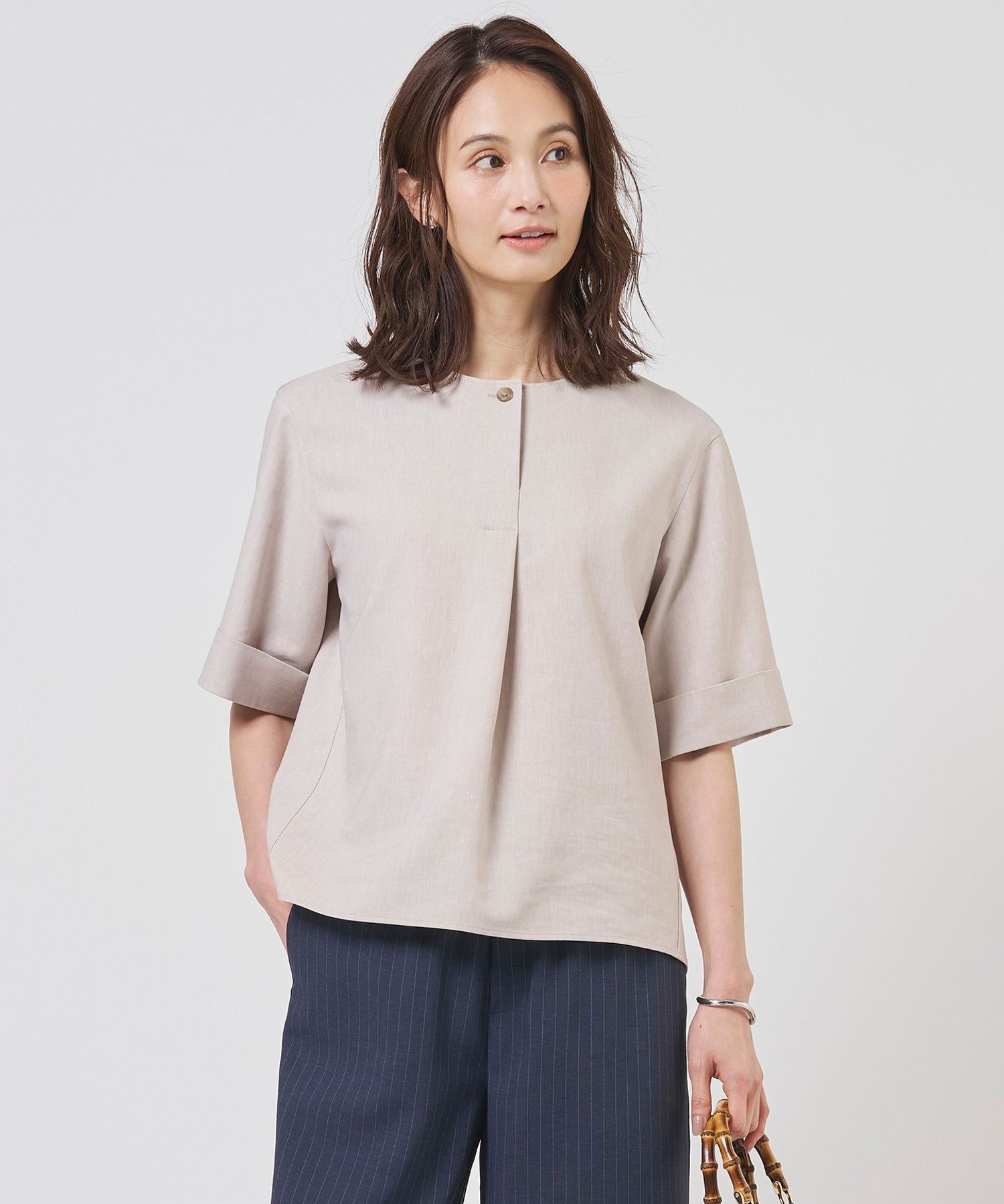 J.PRESS LADIES L 【セット着用可】リネンバイオシャンブレー ブラウス ジェイプレス トップス シャツ・ブラウス ベージュ ネイビー ブラウン