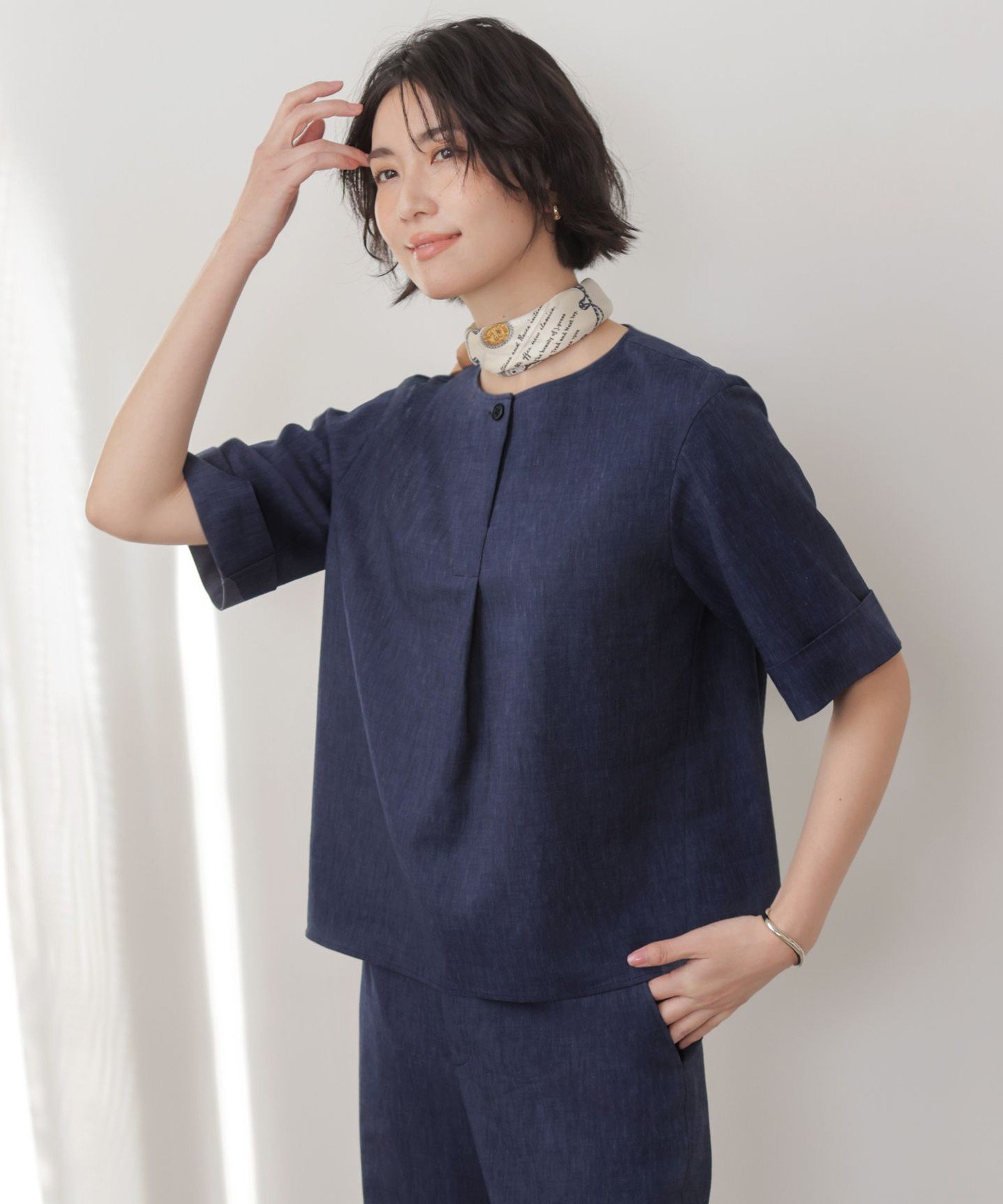 J.PRESS LADIES L 【セット着用可】リネンバイオシャンブレー ブラウス ジェイプレス トップス シャツ・ブラウス ベージュ ネイビー ブラウン