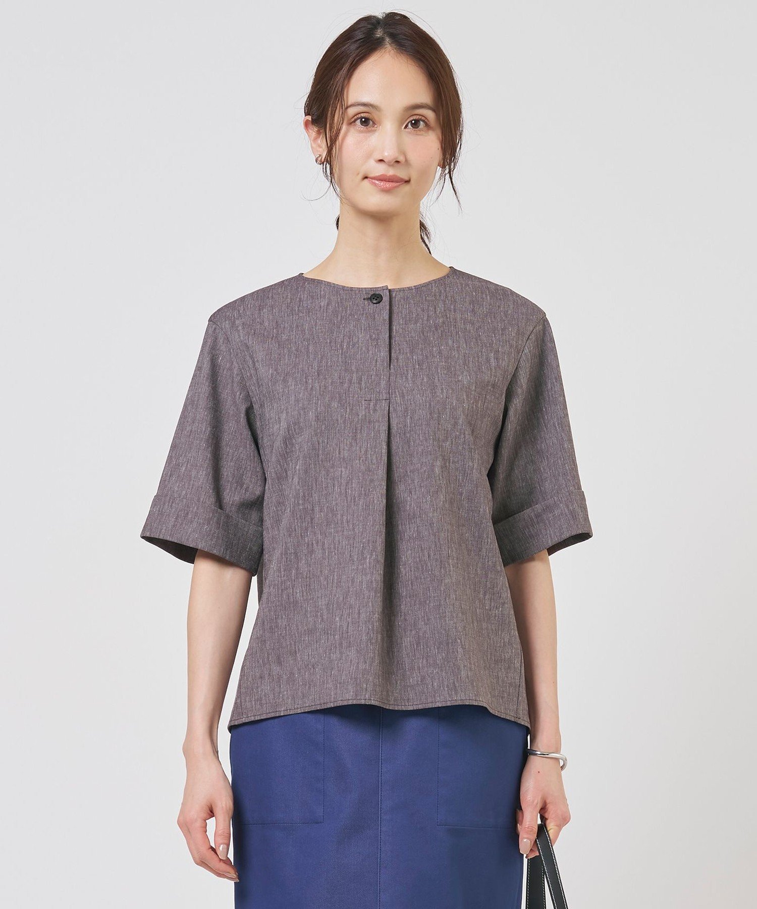 J.PRESS LADIES L 【セット着用可】リネンバイオシャンブレー ブラウス ジェイプレス トップス シャツ・ブラウス ベージュ ネイビー ブラウン