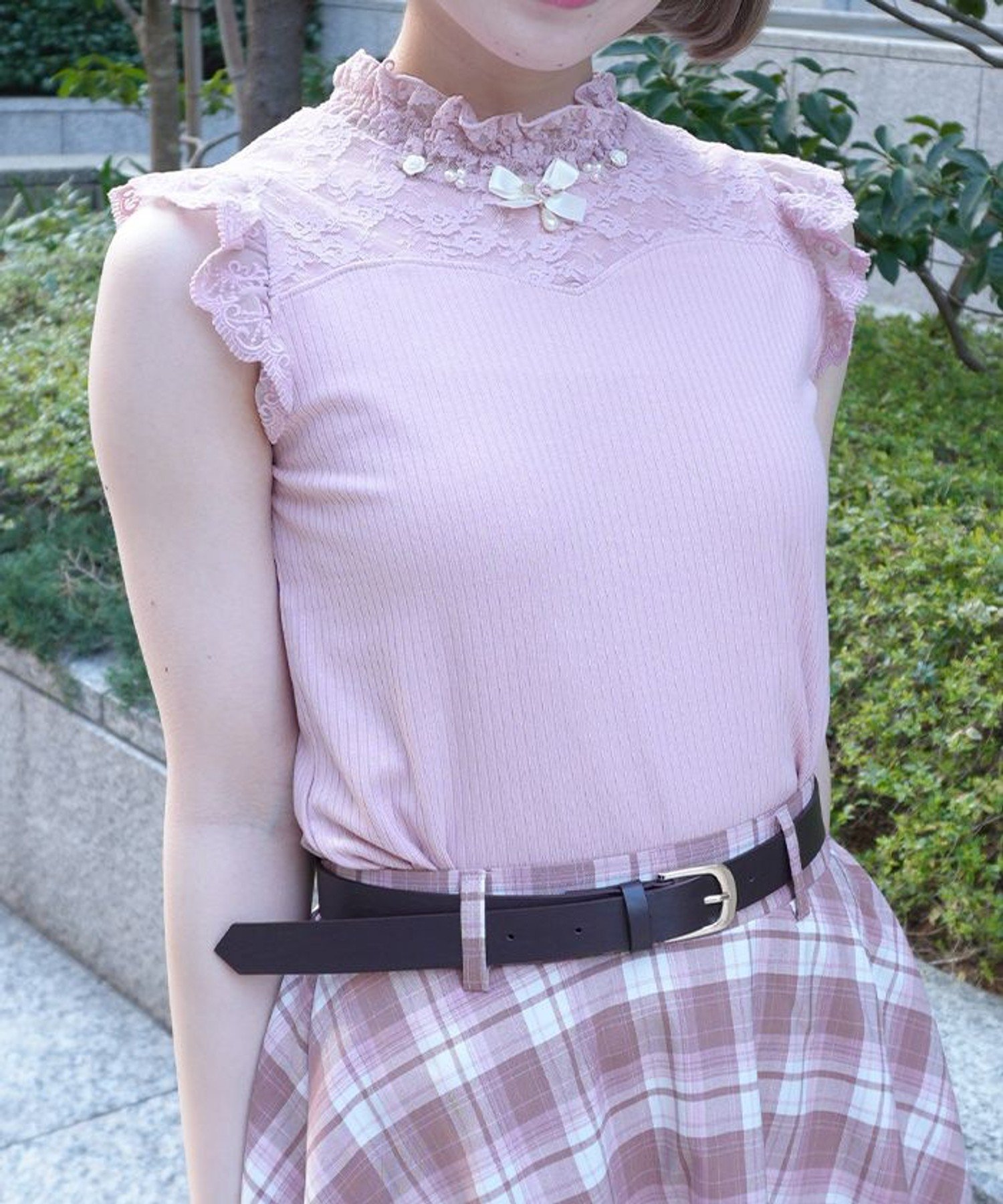 axes femme POETIQUE ローズ*リボン装飾切替タンク アクシーズファム トップス ノースリーブ・タンクトップ ホワイト ピンク