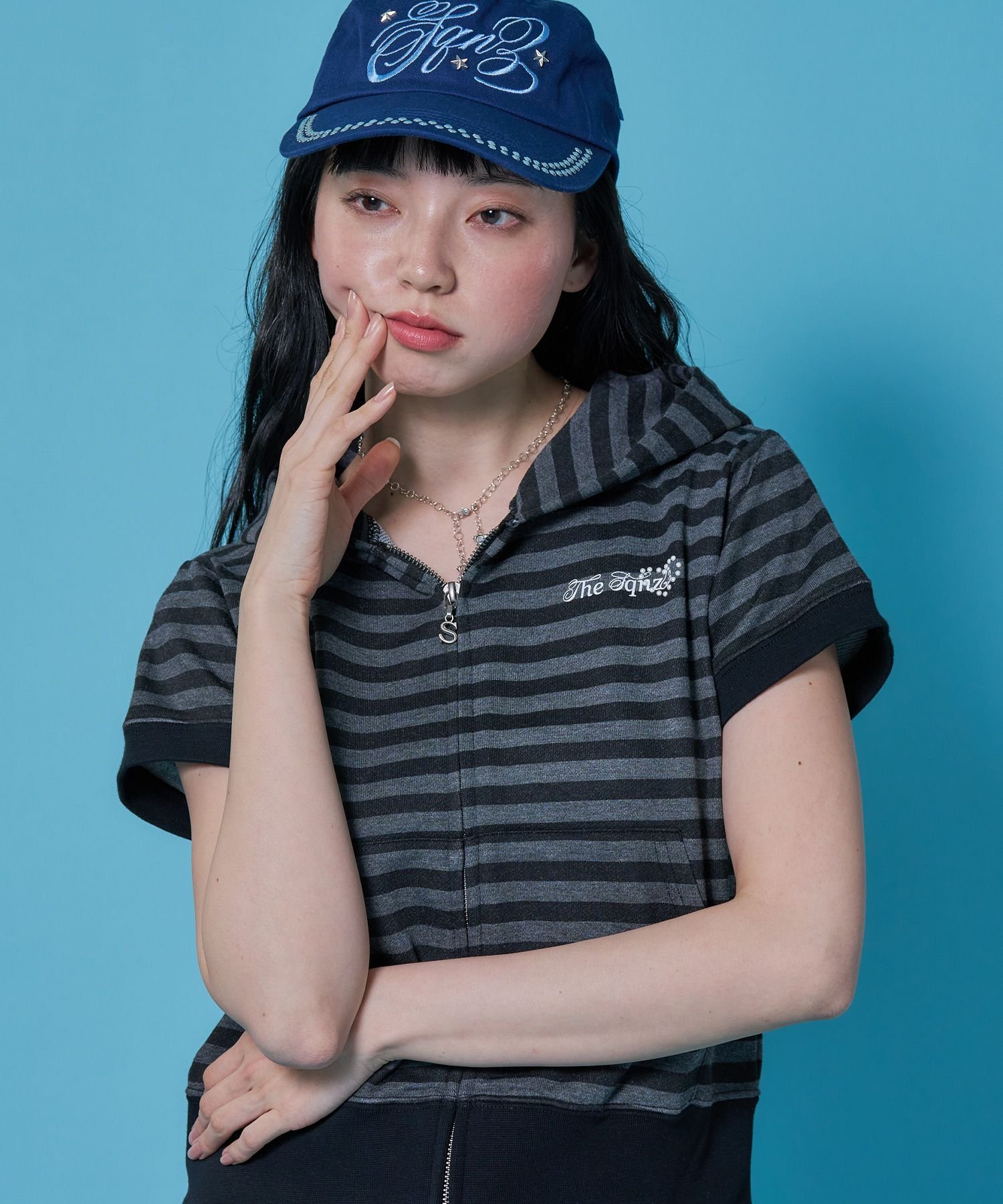 B ONE SOUL 【sqnz/エスキュンズ】※WEB限定 / 半袖ジップパーカー / sqnz pearl short sleeve zip p/k ナバル トップス パーカー・フーディー ブラック ネイビー【送料無料】